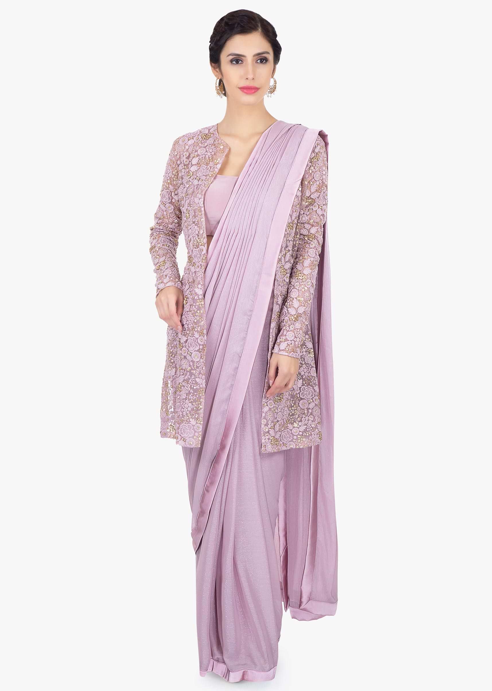 Lavender shimmer chiffon pre stitched saree paired with a long  embroidered net jacket 