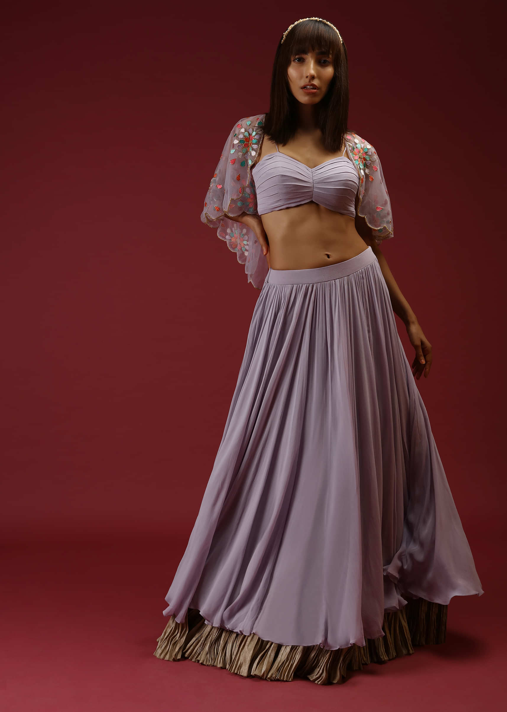 Lavender Skirt And Crop Top Set With Pleat Detailing And A Multi Colored Resham Embroidered Short Cape 