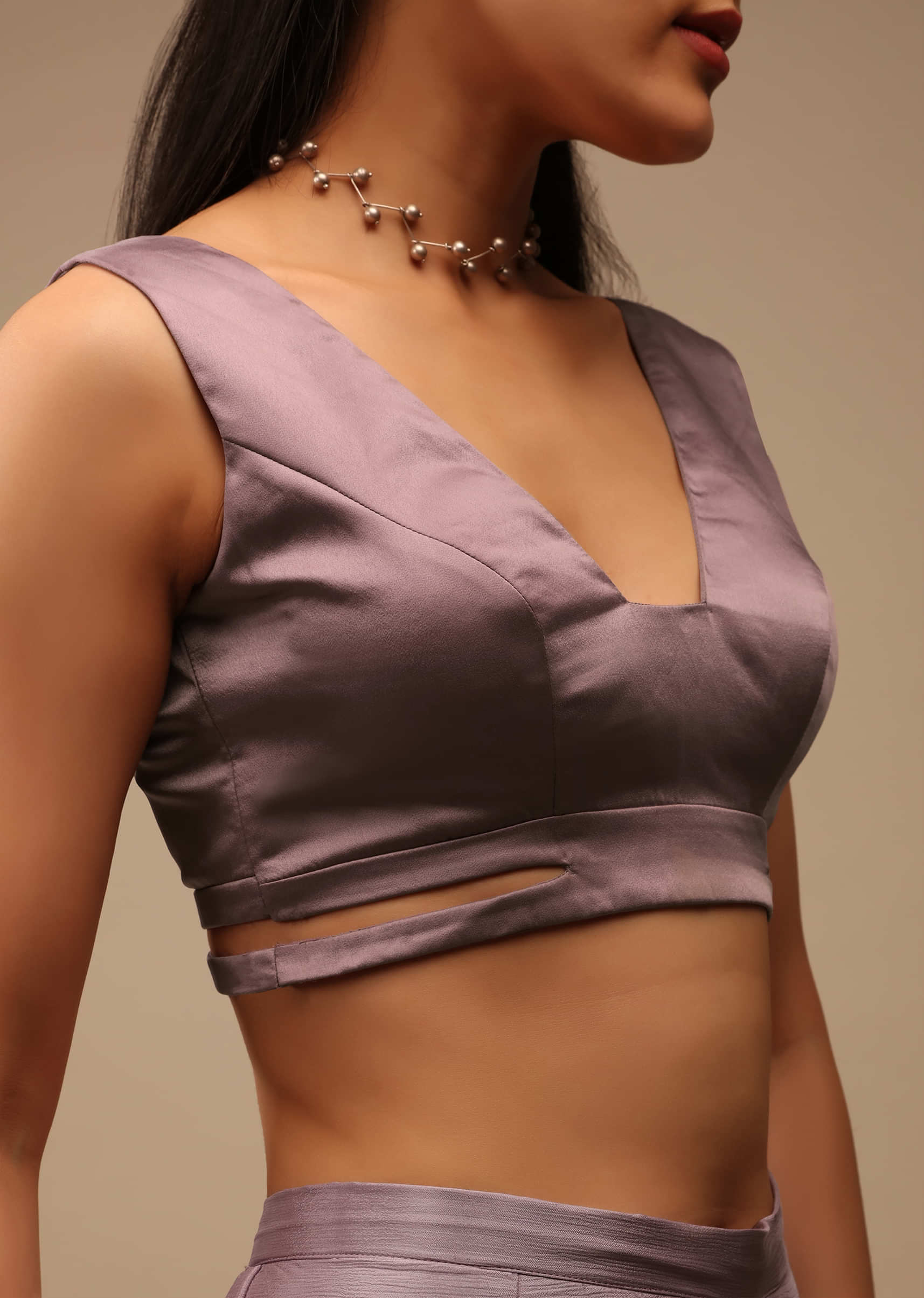 Lavender Ash Sleeveless  Blouse In Satin With A Plunging Geometric Neckline