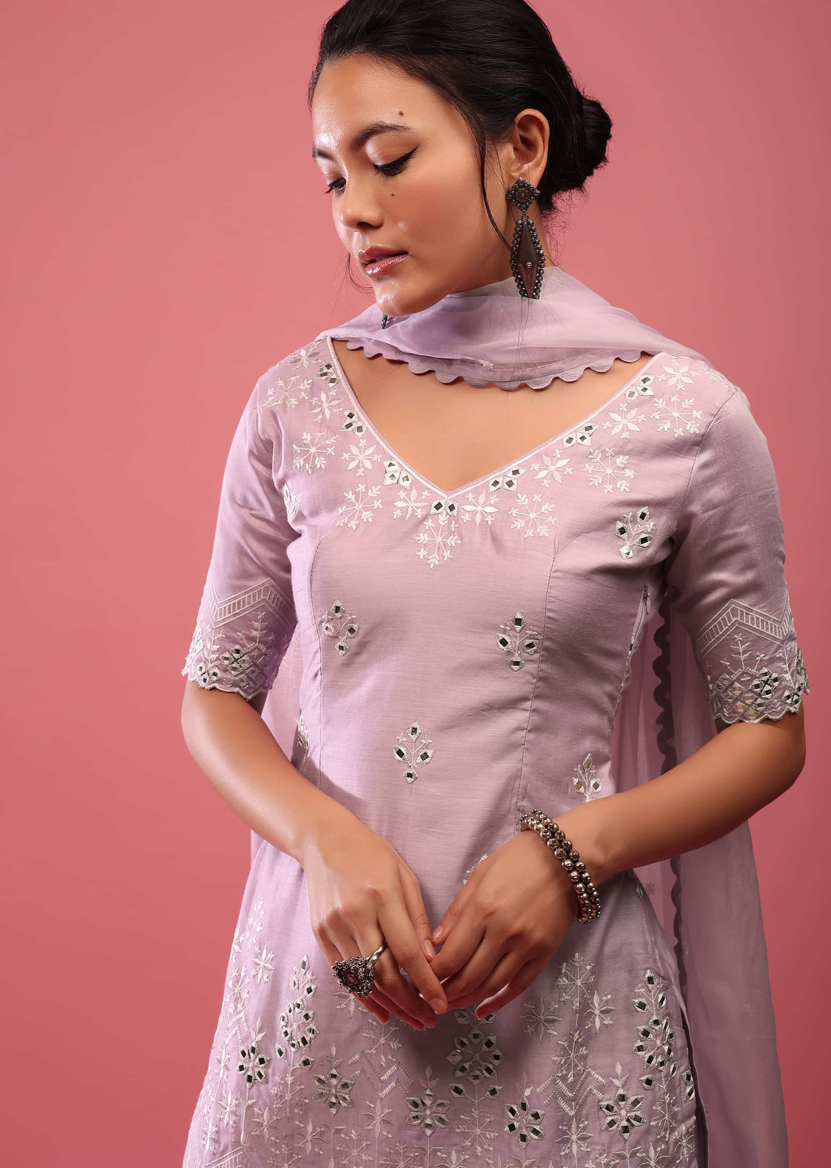 Lavender Purple Lucknowi Sharara Suit In Cotton With Embroidery