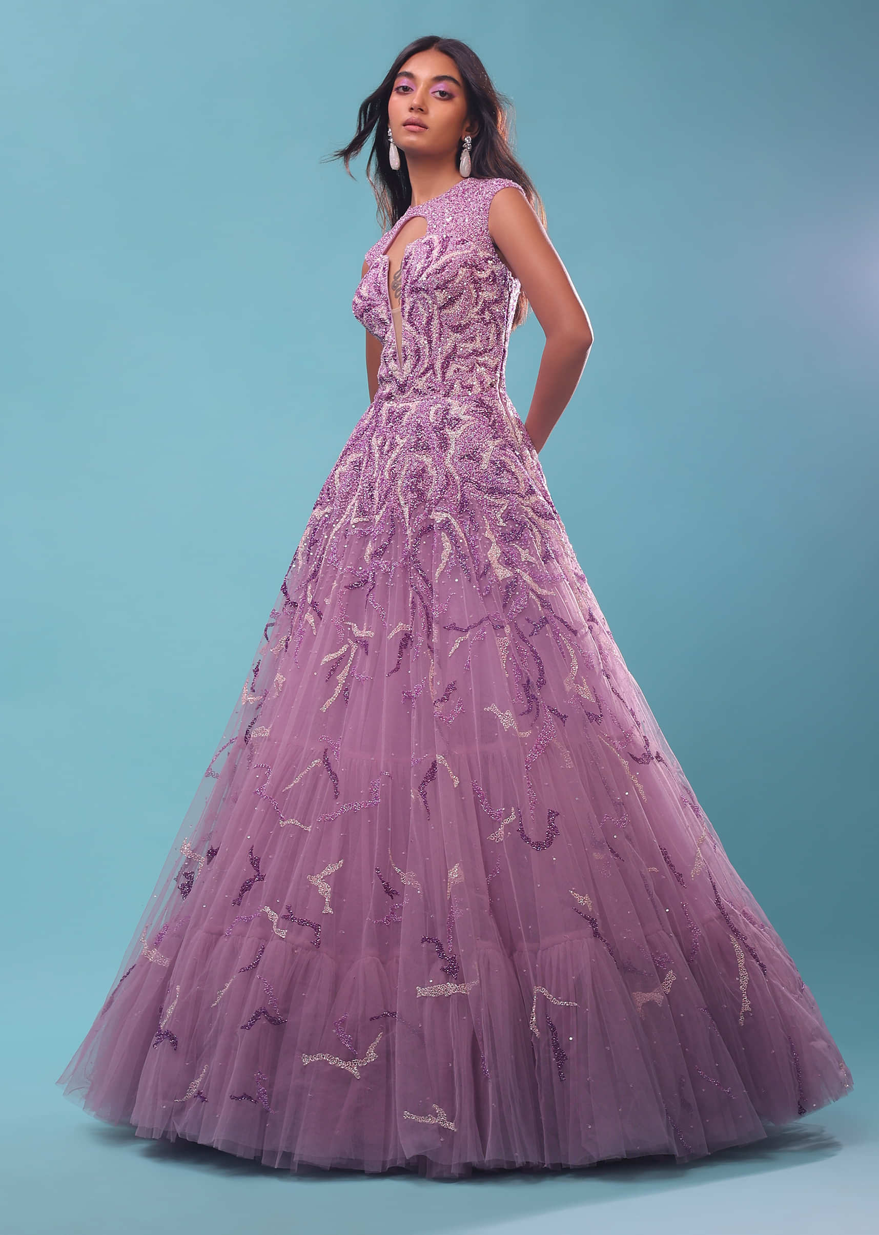 Lavender Gown In Floral Sequins Embroidery