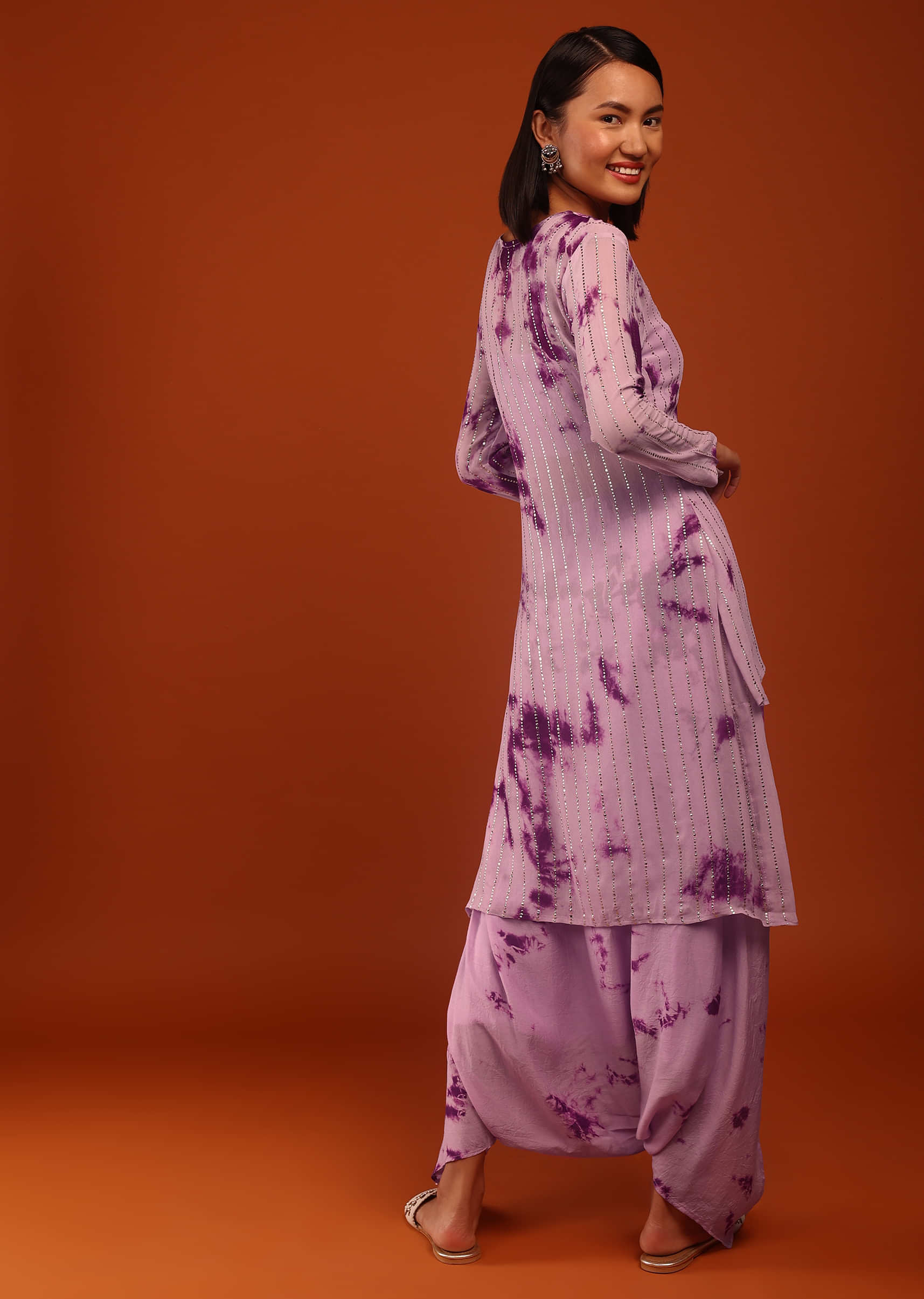 Lavender Herb Badla Work High-Length Kurta With Tie Dye Crotched Dhoti