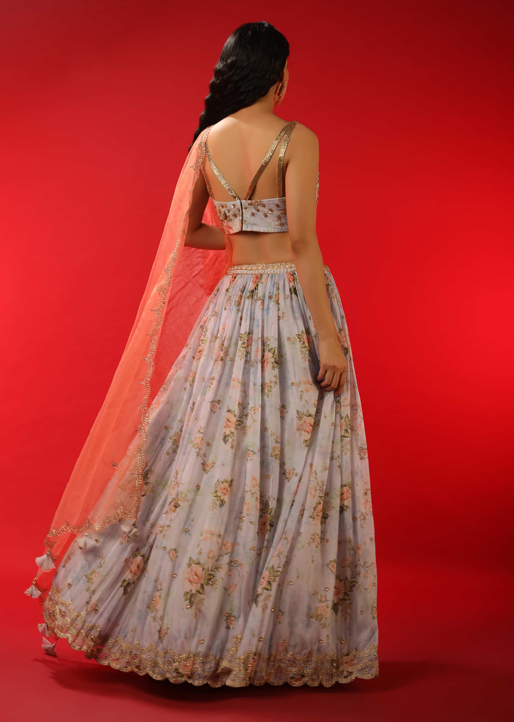 Lavender Lehenga In Organza With Floral Print And Zari Embroidery 