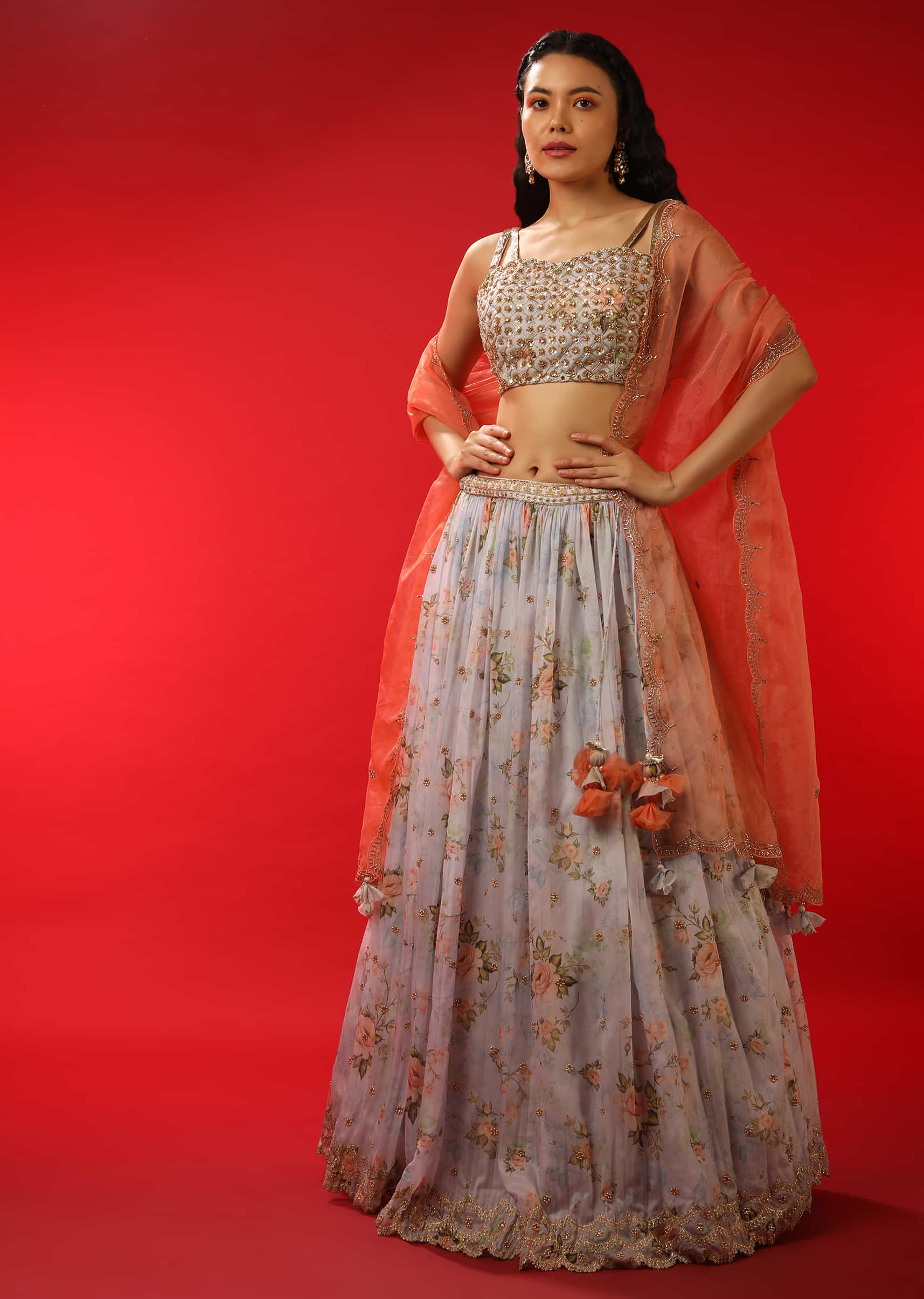 Lavender Lehenga In Organza With Floral Print And Zari Embroidery 