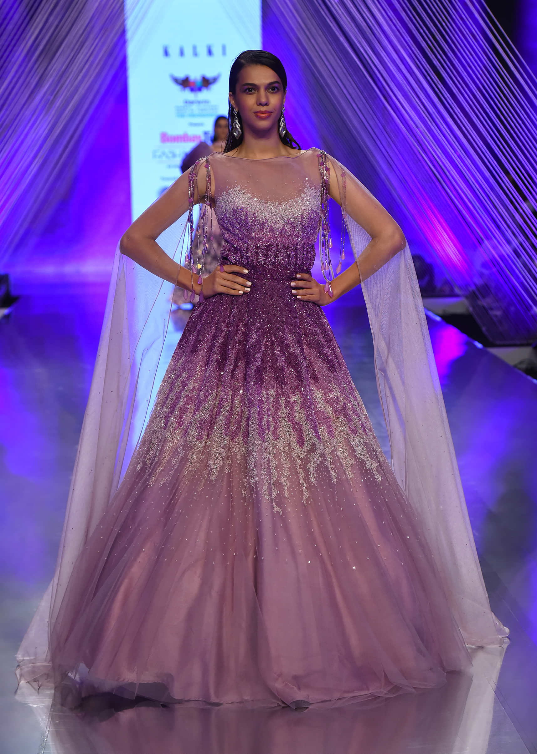 Lavender Ombre Gown In Sequins Embroidery, Crafted In Net With A Long Cape