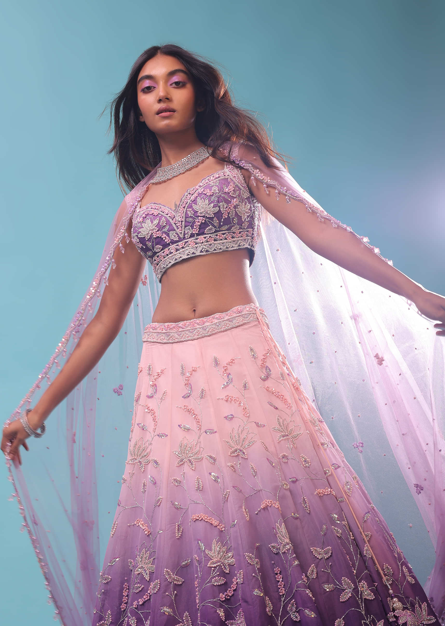 Lavender Ombre Lehenga With Surface Embroidered Crop Top