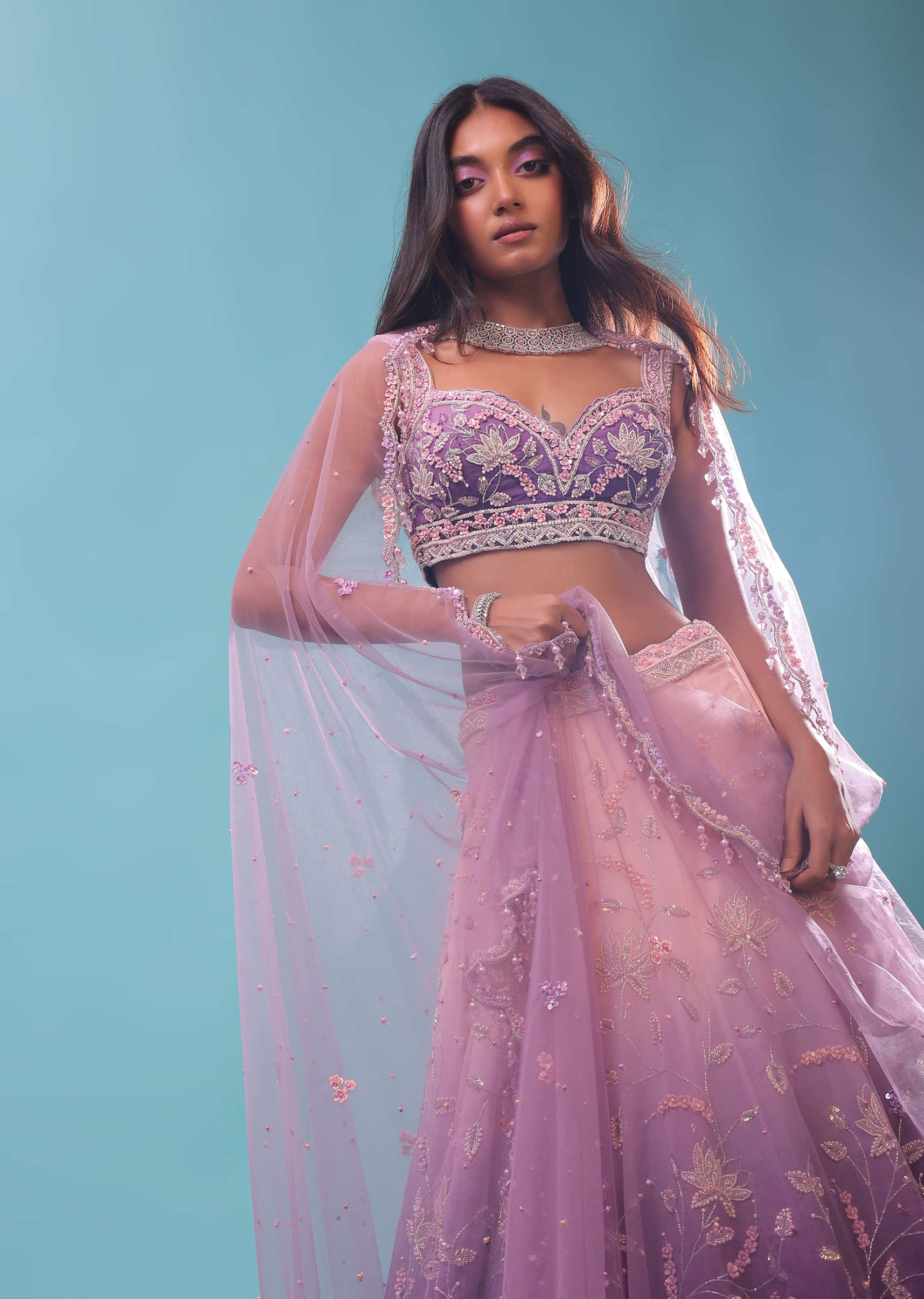 Lavender Ombre Lehenga With Surface Embroidered Crop Top