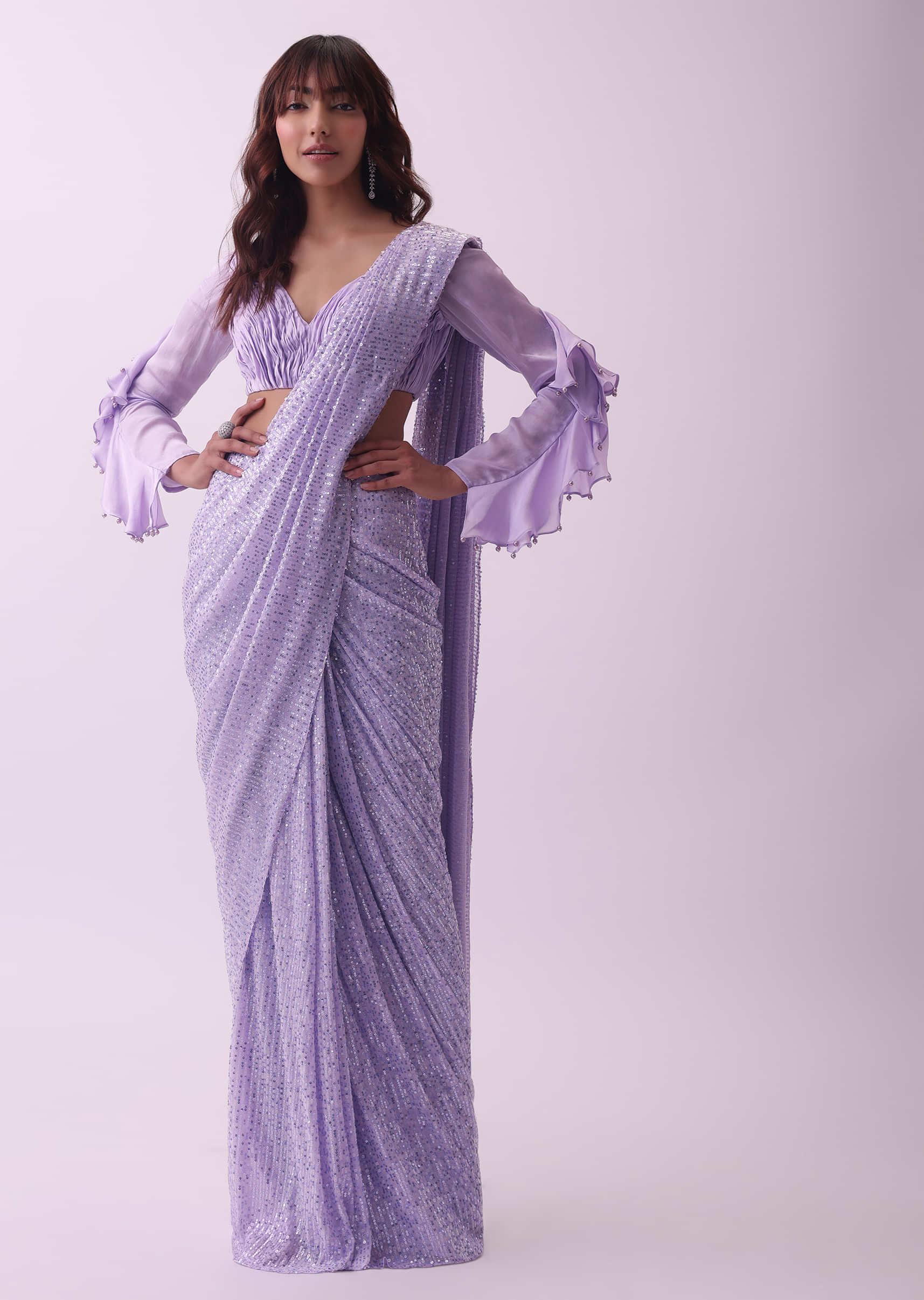 Buy Lavender Purple Stitched Cocktail Saree With Rushing Blouse KALKI  Fashion India
