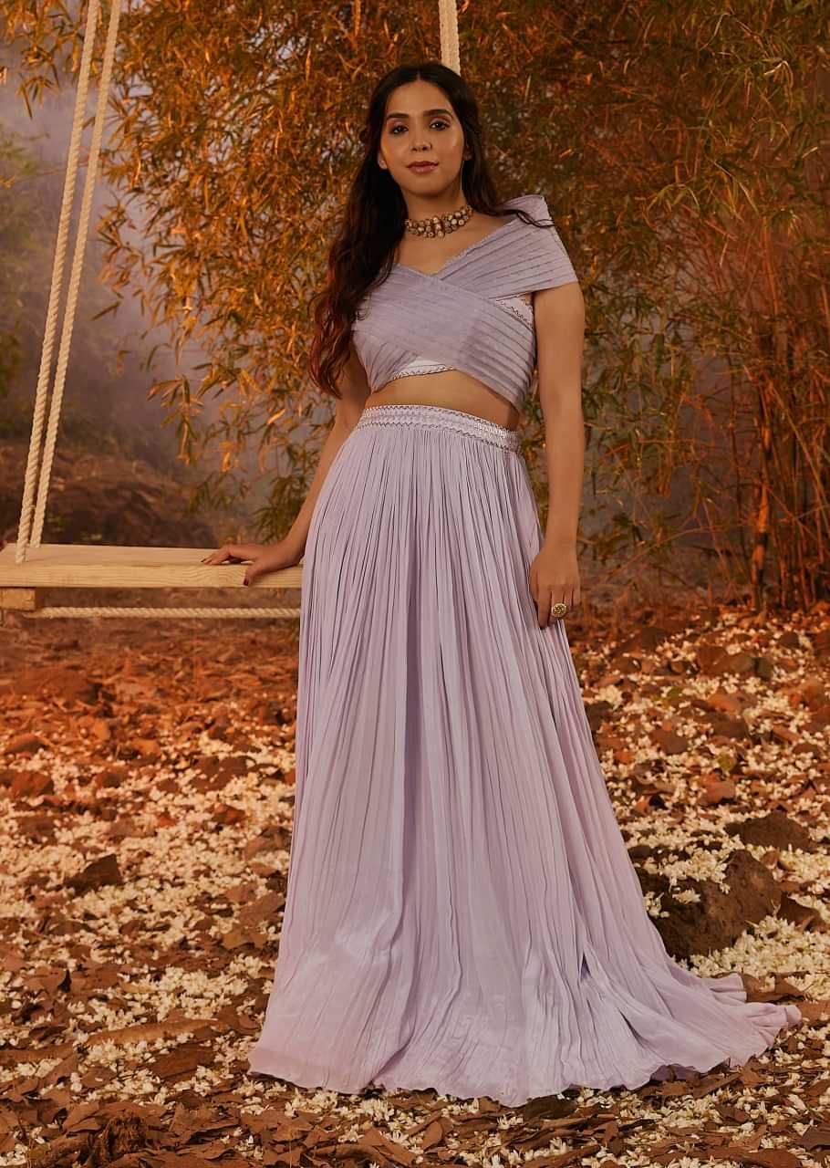 Lavender Skirt And Crop Top With Cut Dana Embroidery And Pleated Wrap Around Drape