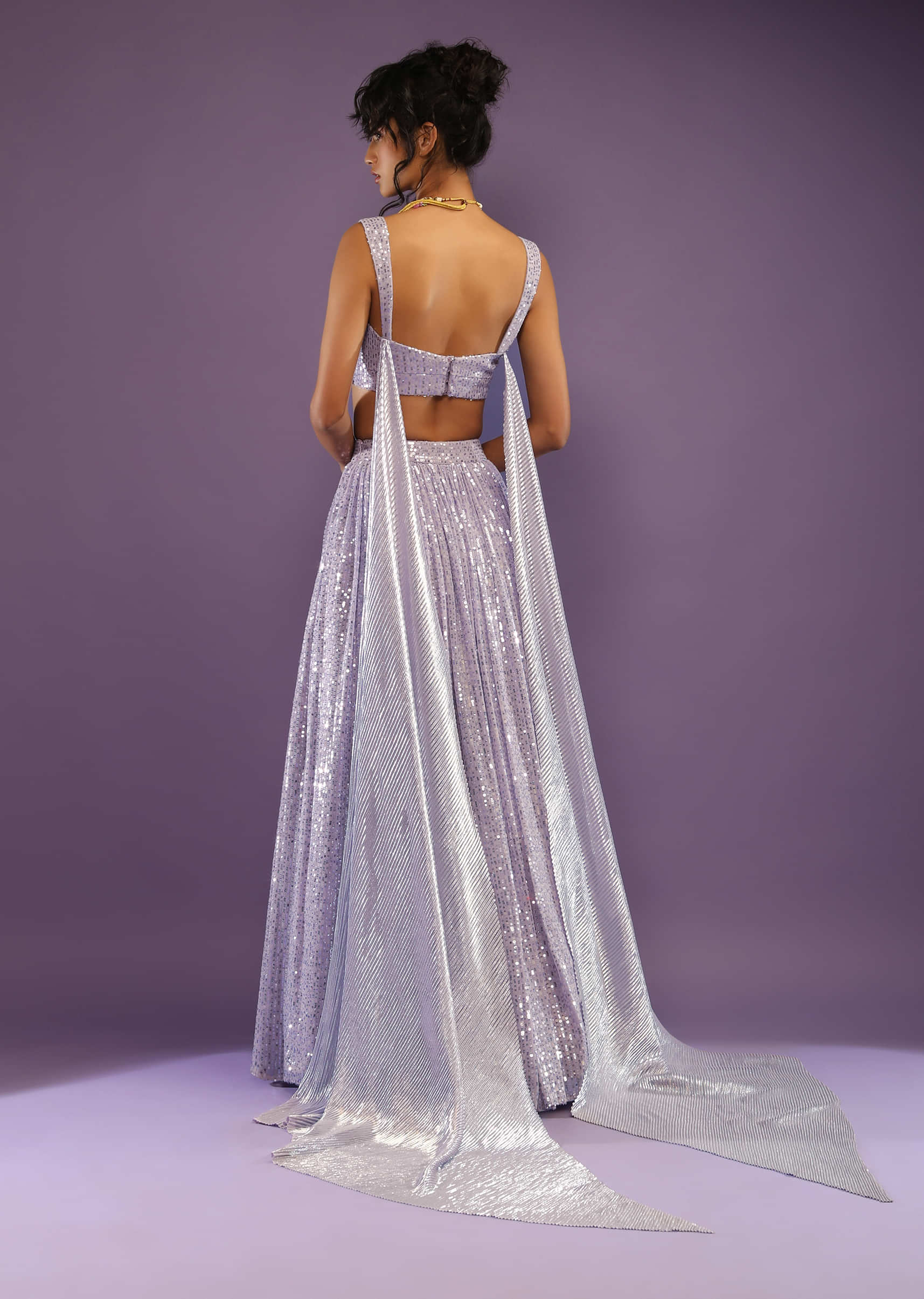 Lavender Skirt And Crop Top Embellished In Sequins With Attached Drape On The Back