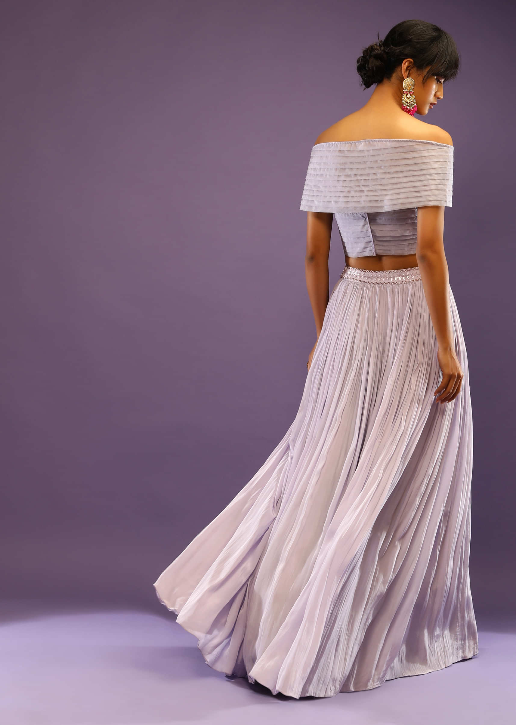 Lavender Skirt And Crop Top With Cut Dana Embroidery And Pleated Wrap Around Drape