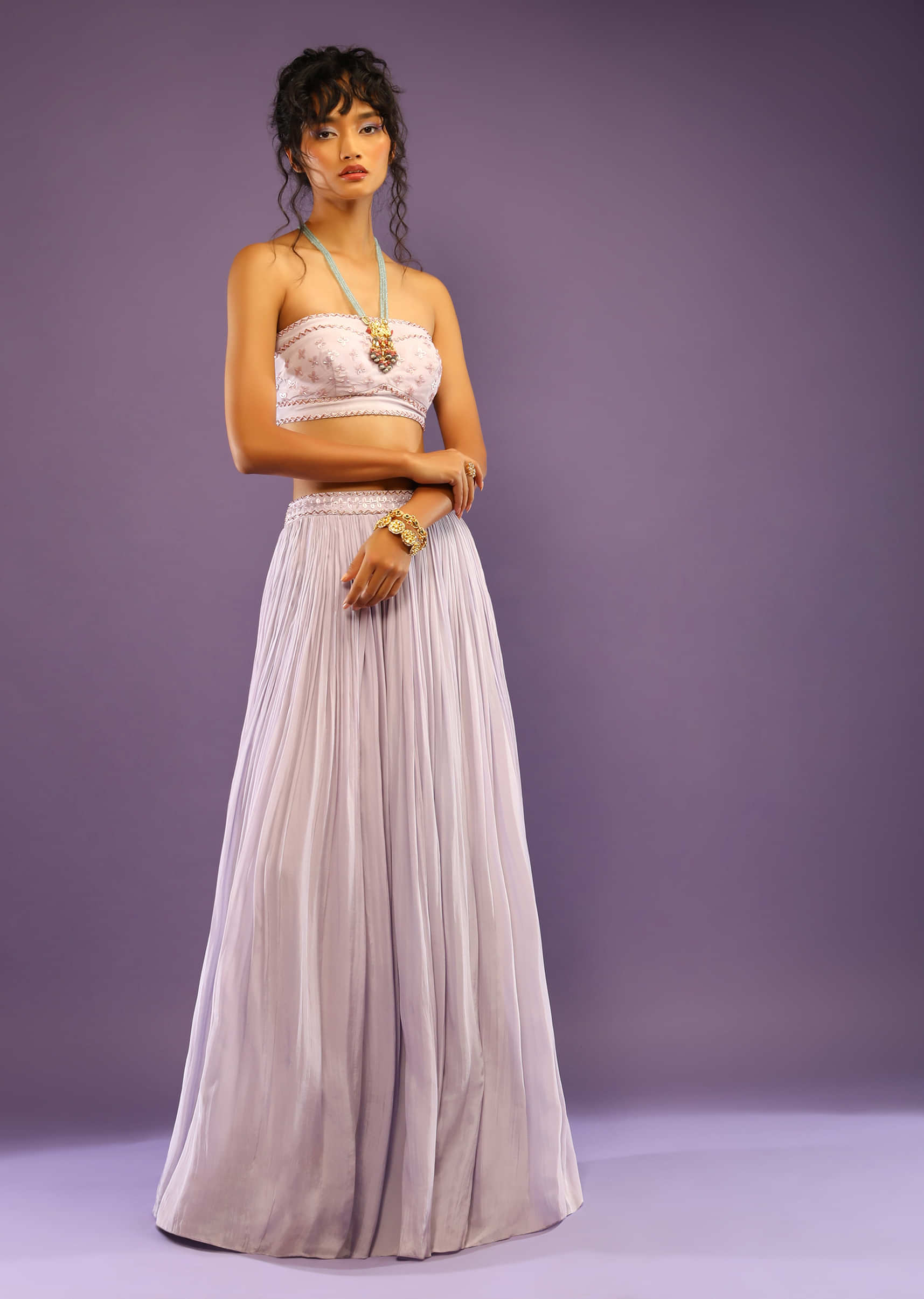 Lavender Skirt And Tube Bandeau Crop Top With Cut Dana Embroidered Buttis