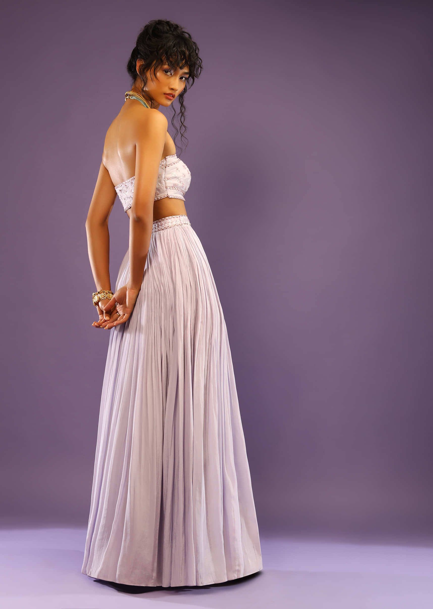 Lavender Skirt And Tube Bandeau Crop Top With Cut Dana Embroidered Buttis