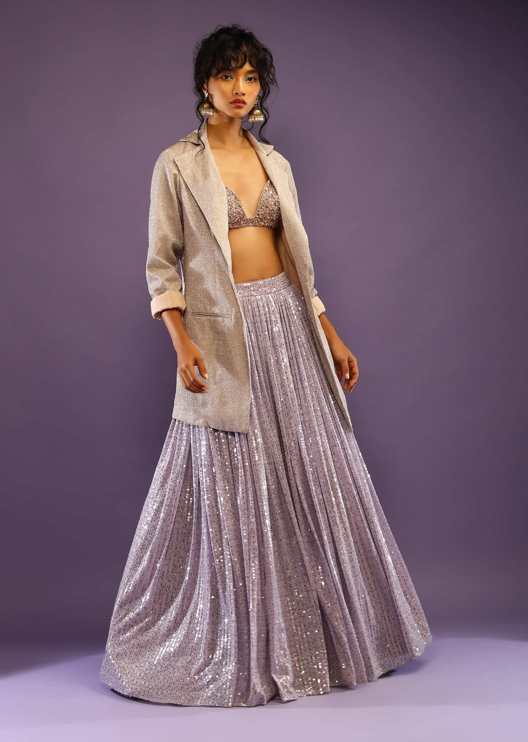 Lavender Sequins Skirt With Embroidered Crop Top And Gold Shimmer Blazer Jacket