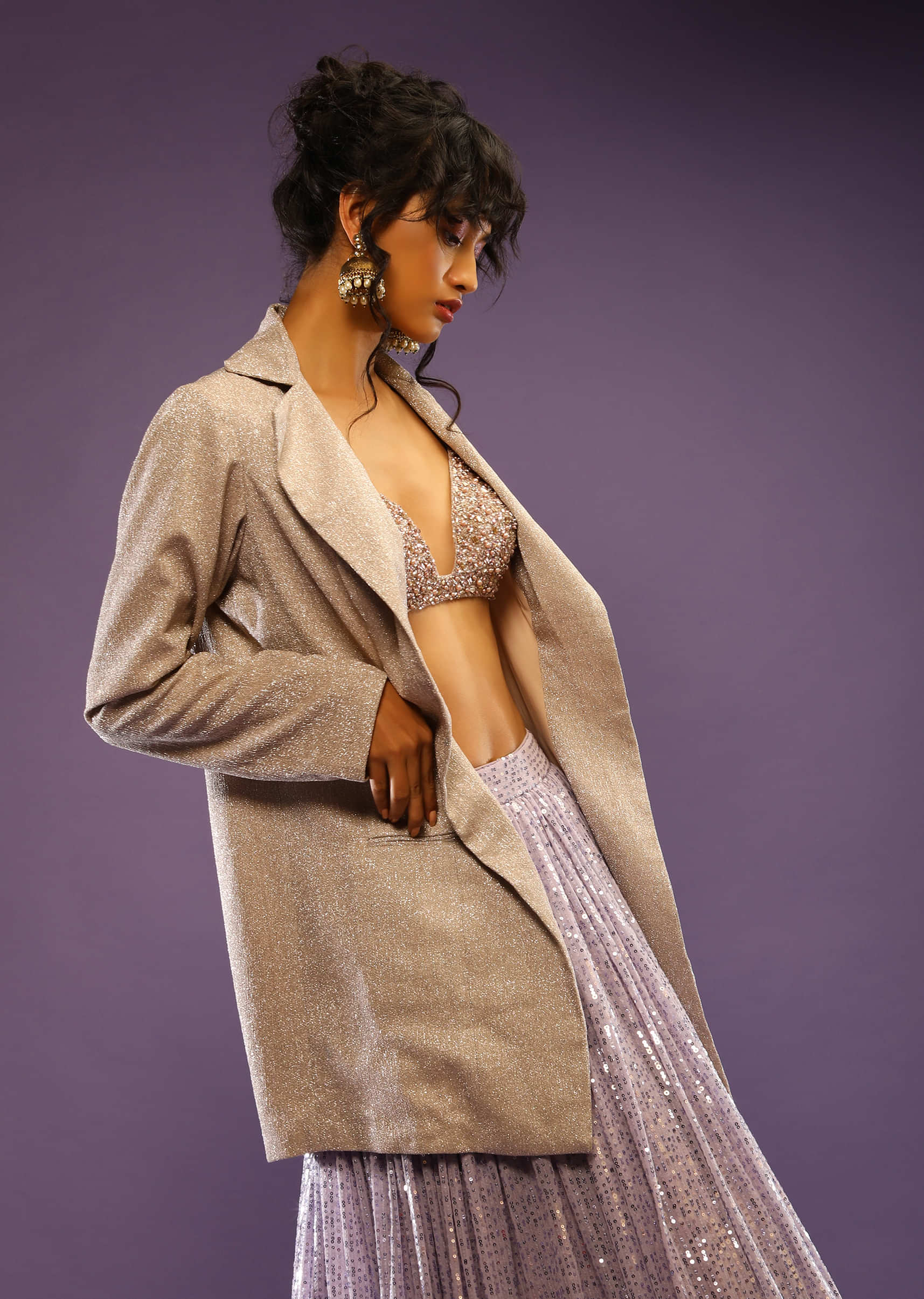 Lavender Sequins Skirt With Embroidered Crop Top And Gold Shimmer Blazer Jacket