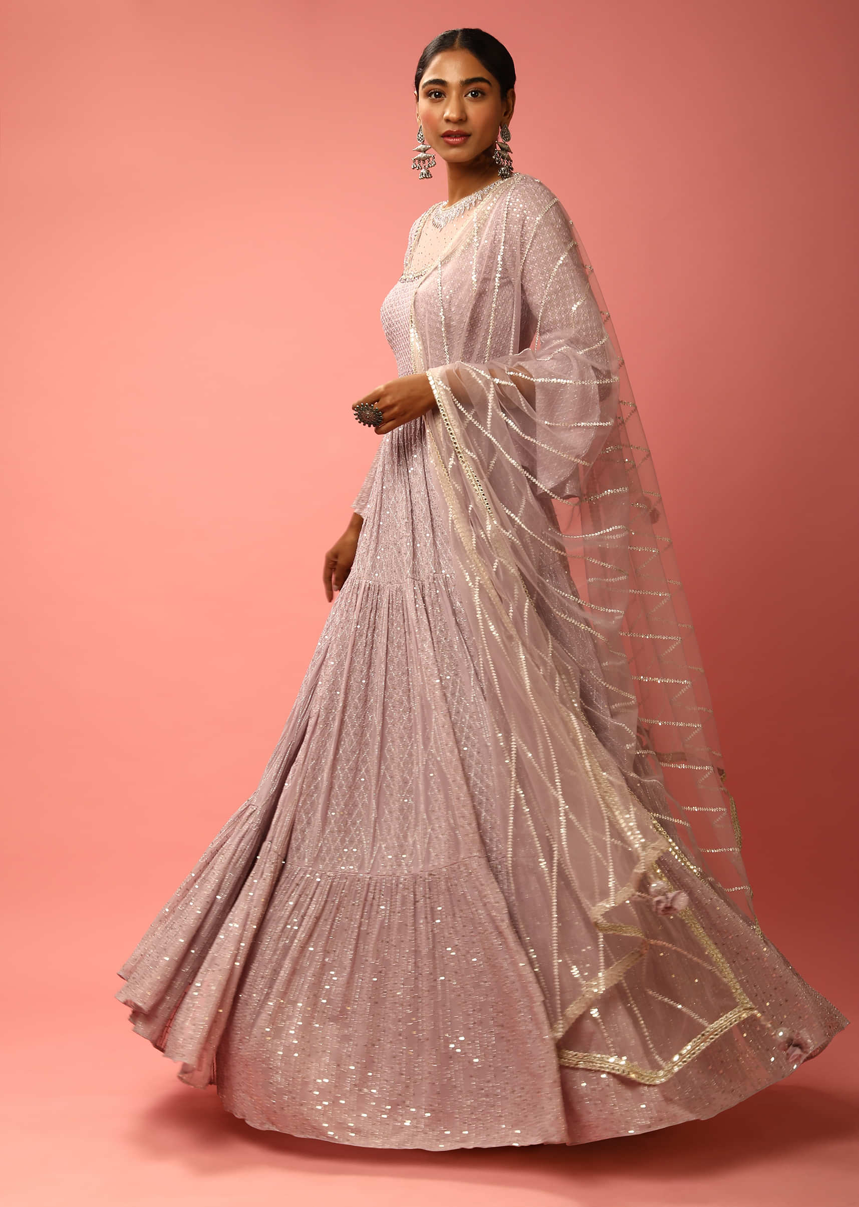 Lavender Anarkali Suit With Resham And Sequins Embroidery And Ruffle Sleeves  