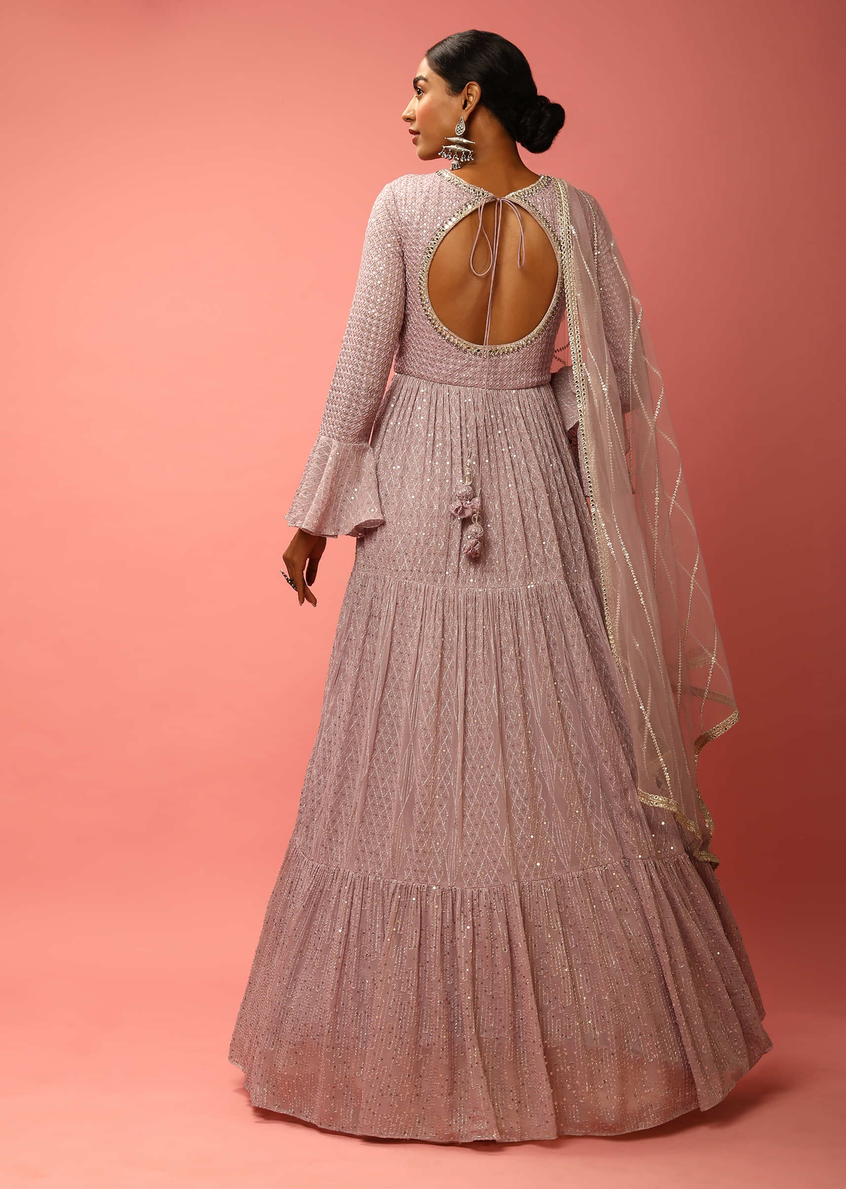Lavender Anarkali Suit With Resham And Sequins Embroidery And Ruffle Sleeves  