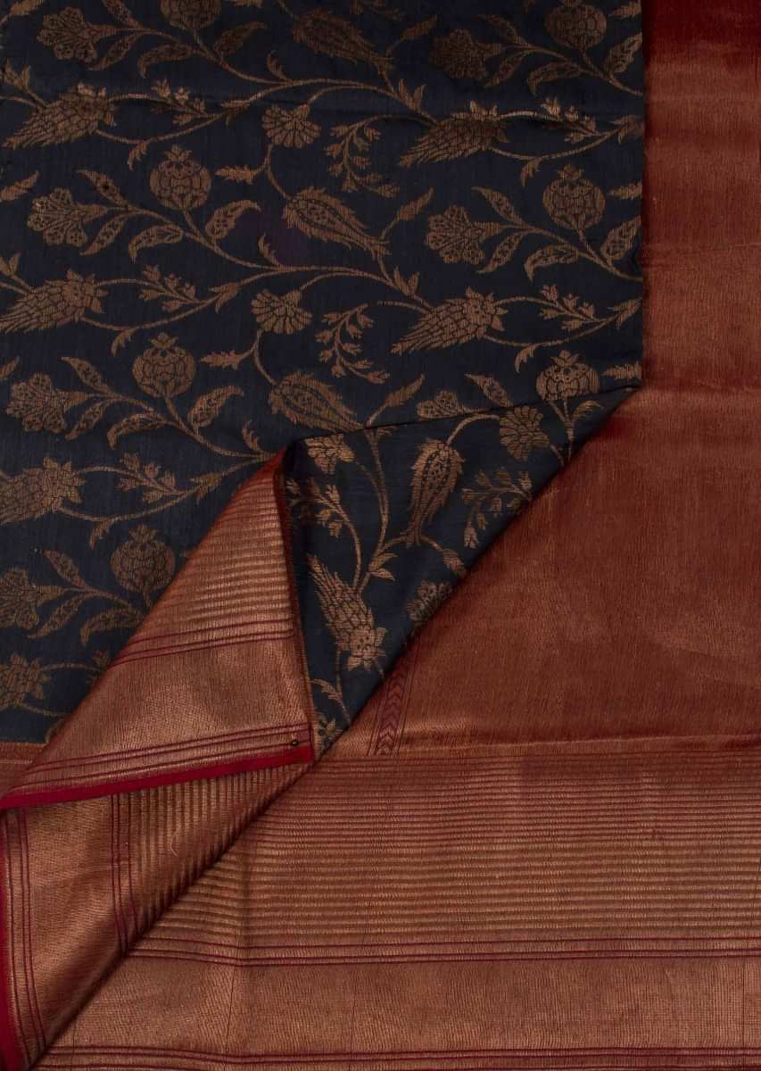 Lead grey banarasi silk saree in weaved floral motif