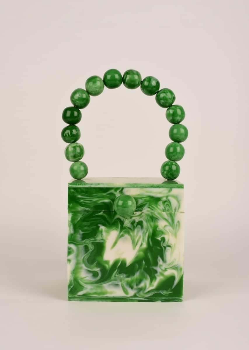 Leaf Green Box Clutch In Acrylic With Marble Design All Over Online - Kalki Fashion