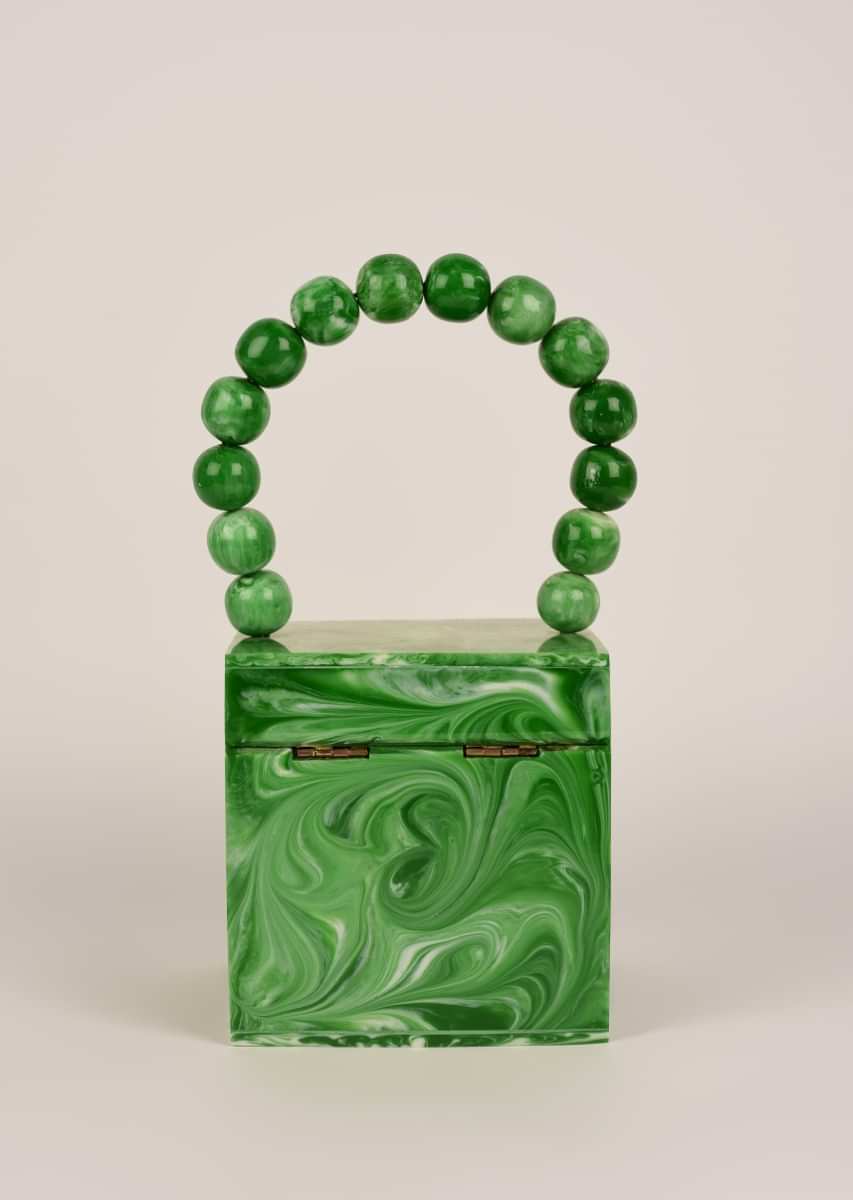 Leaf Green Box Clutch In Acrylic With Marble Design All Over Online - Kalki Fashion