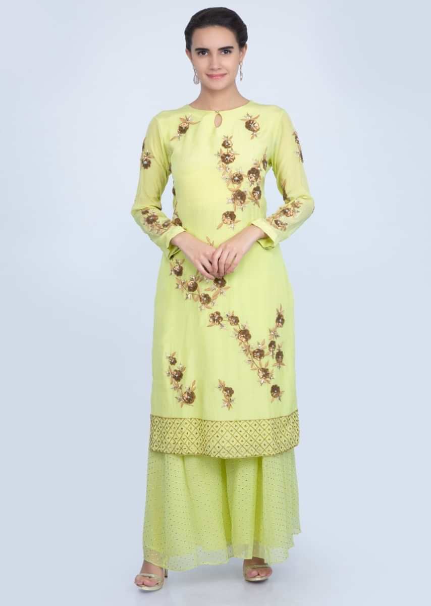 Lemon green multi color floral embroidered palazzo suit set with green net dupatta only on Kalki