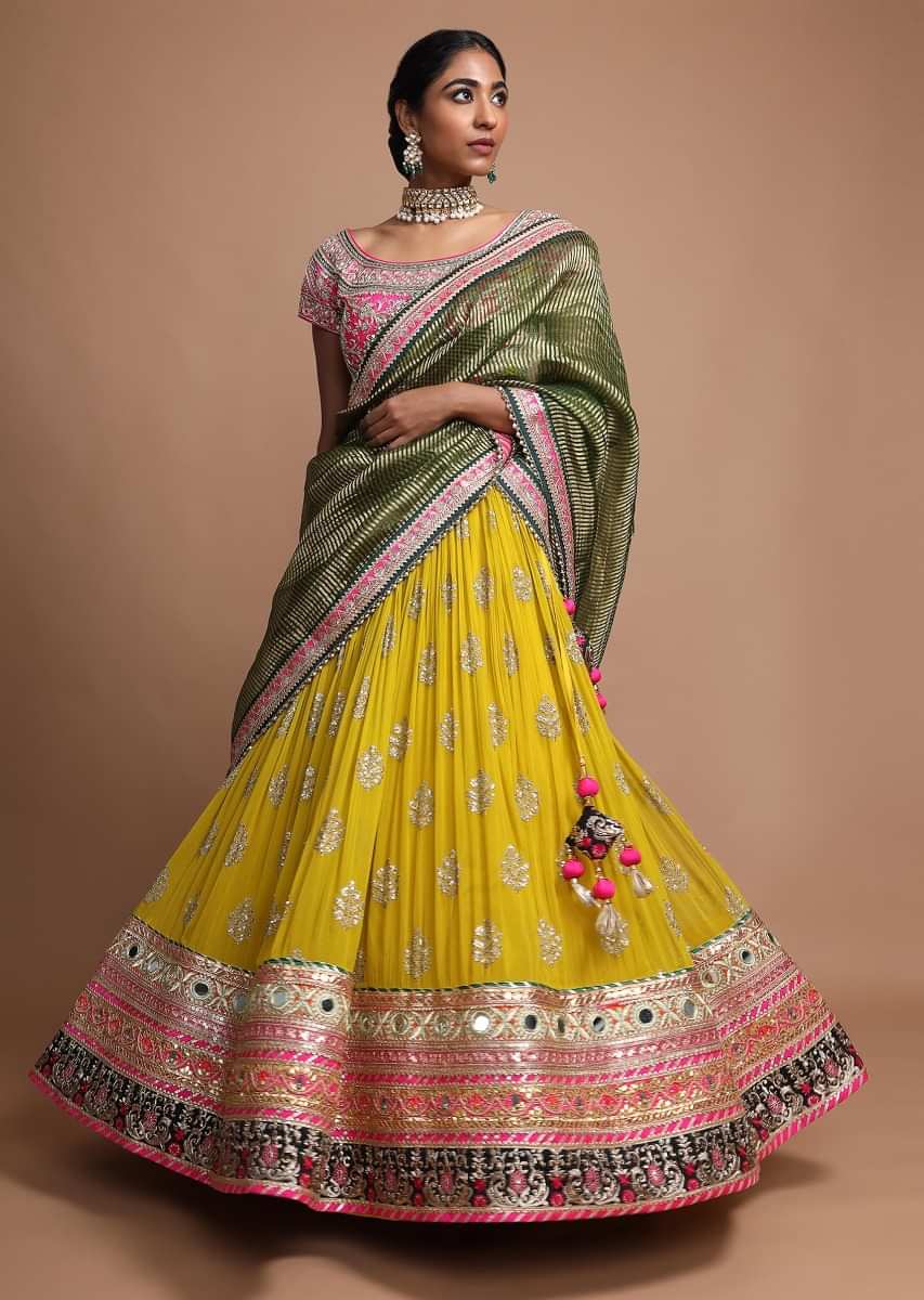 Buy Forest Green Lehenga And Red Dupatta In Satin With Bandhani Print And  Yellow Brocade Choli Online - Kalki Fashion