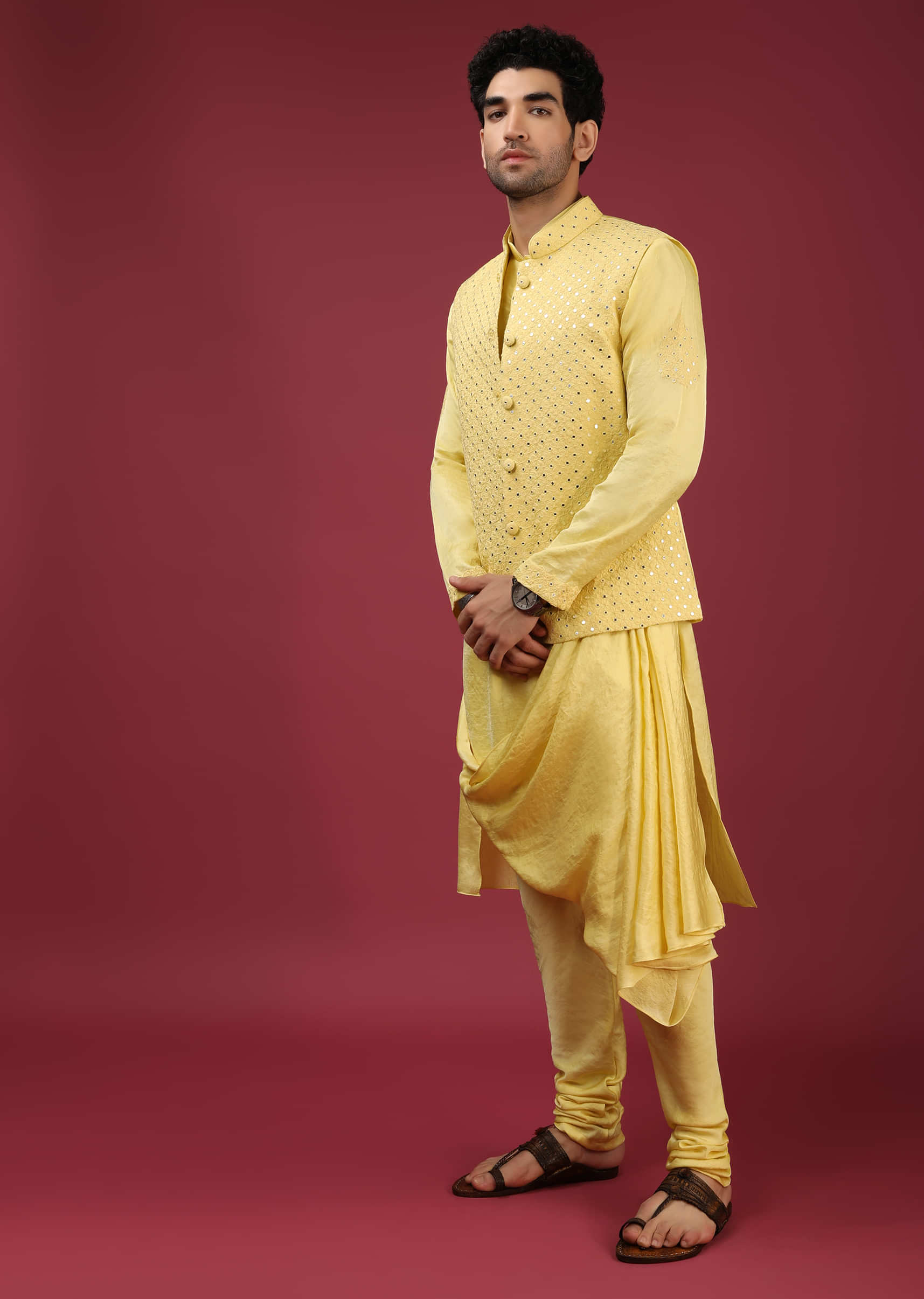 Lemon Yellow Nehru Jacket And Kurta Set With Thread And Mirror Abla Embroidered Jaal  