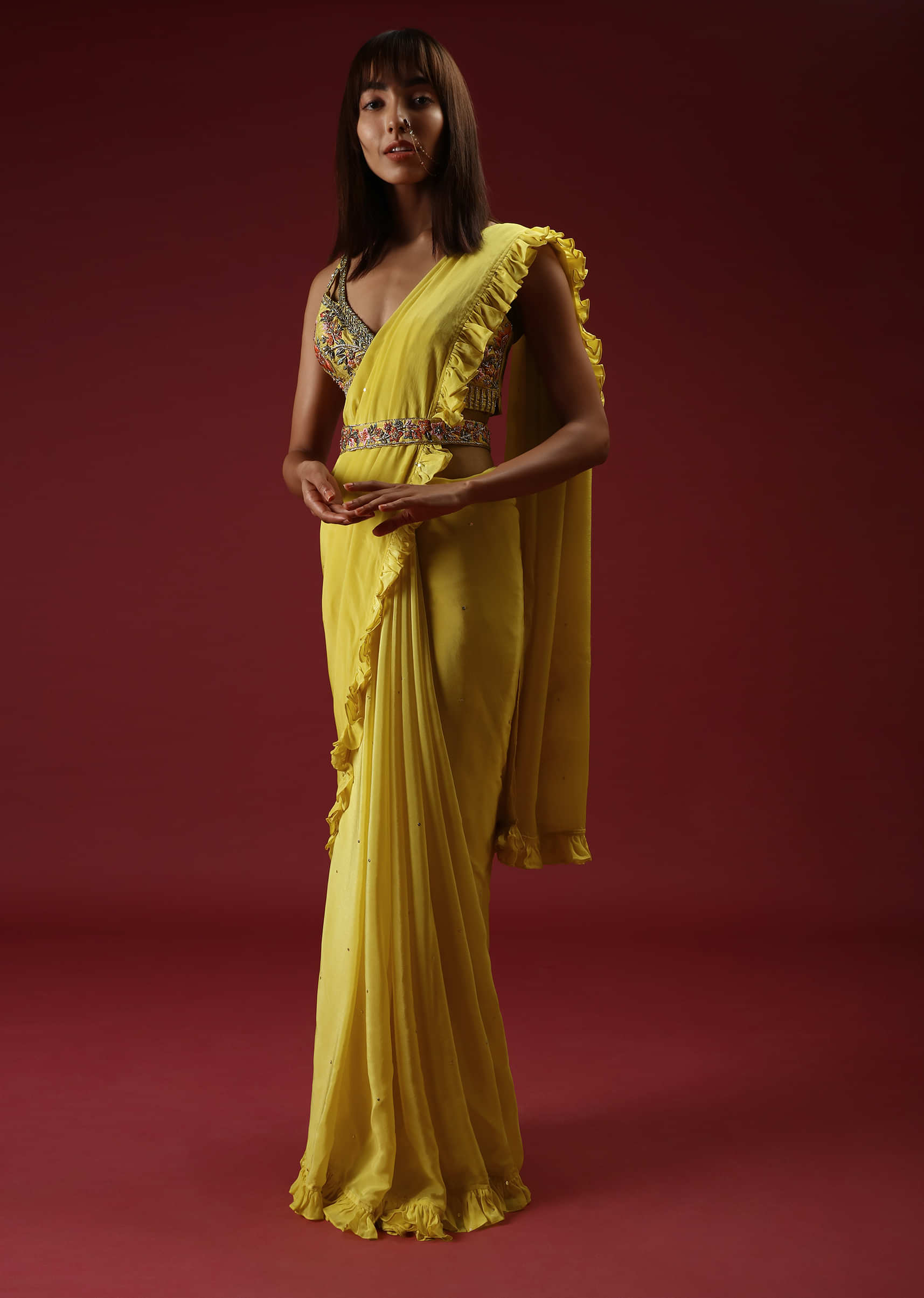 Lemon Yellow Ruffle Saree And Multi Colored Hand Embroidered Crop Top With Plunging Neckline And Belt