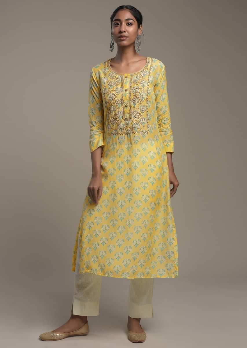 Buy Midnight Blue Straight Cut Kurti In Crepe With Floral Printed Yoke And  Ethnic Buttis Online  Kalki Fashion