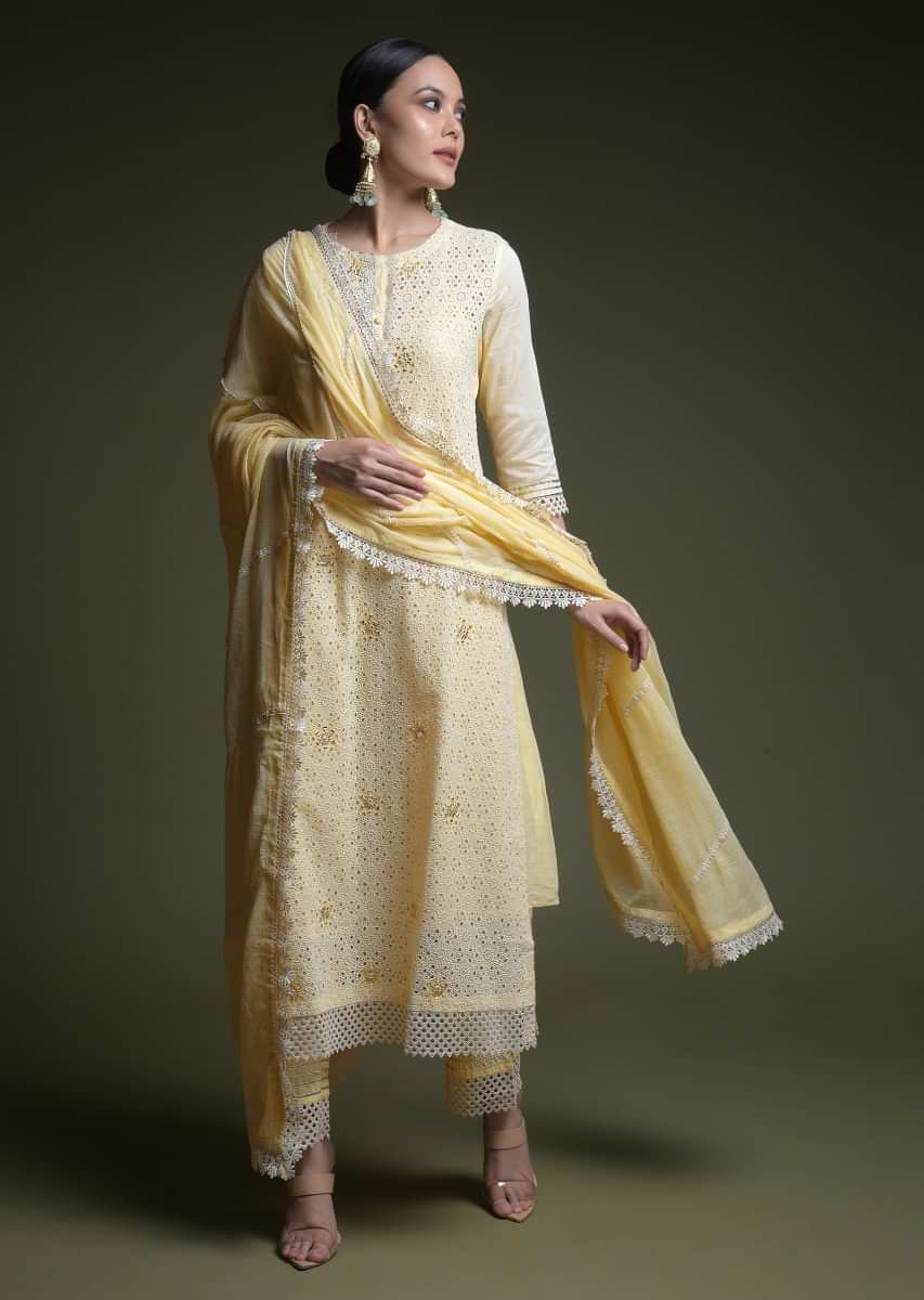 Lemon Yellow Straight Cut Suit In Cotton With Thread Cut Work Embroidered Floral Jaal And Mirror Abla Work Online - Kalki Fashion