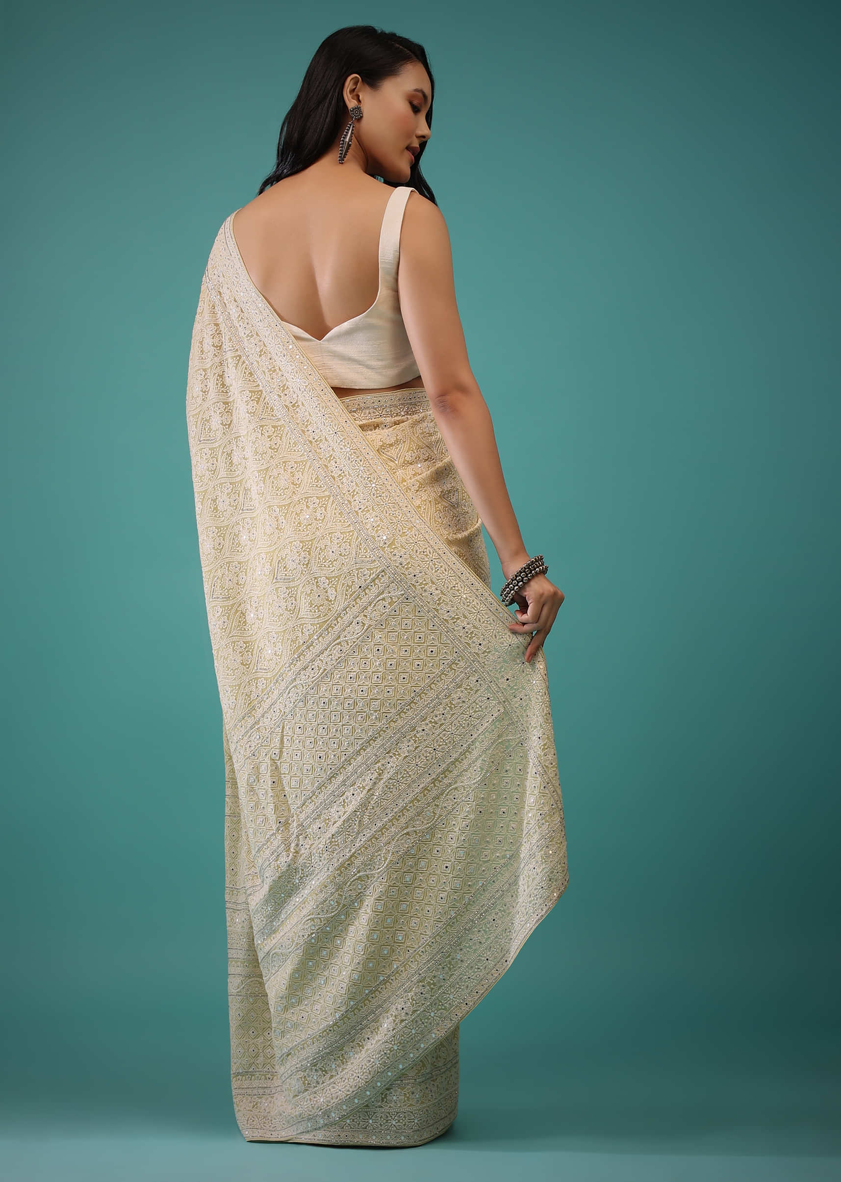 Lemon Drop Saree In Lucknowi Threadwork In A Moroccan Jaal, Mirror And Cut Dana Embroidery Detailing On The Pallu