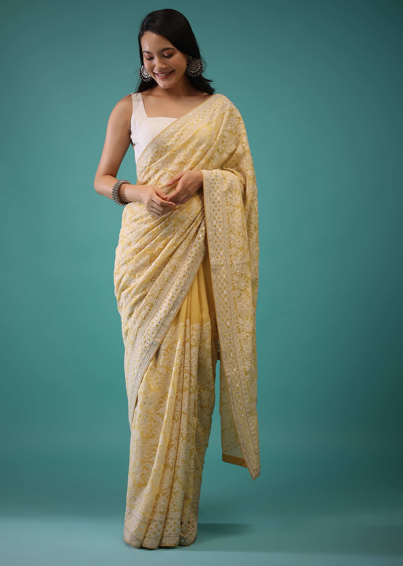 Lemon Drop Yellow Georgette Saree In Lucknowi Threadwork, Mirror Embroidery On The Border