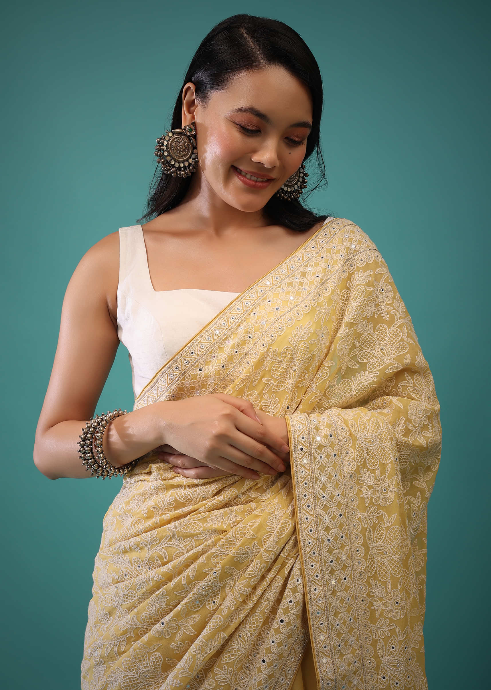 Lemon Drop Yellow Georgette Saree In Lucknowi Threadwork, Mirror Embroidery On The Border