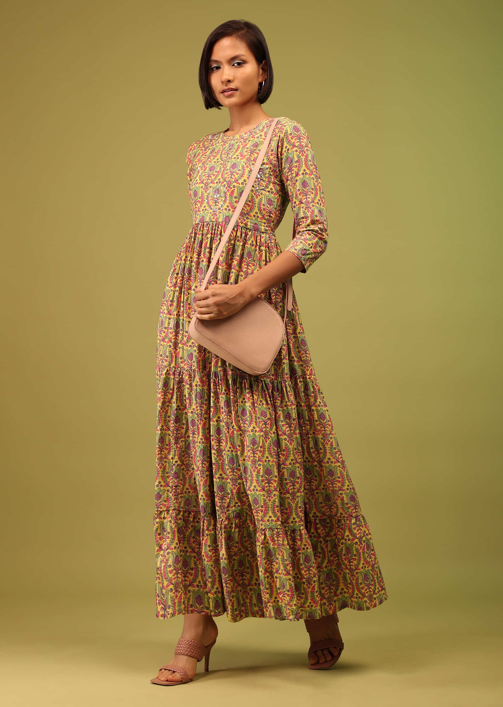 Lemon Drop Yellow Tiered Dress In Cotton Silk With Multicolor Floral Print Online - RE By Kalki