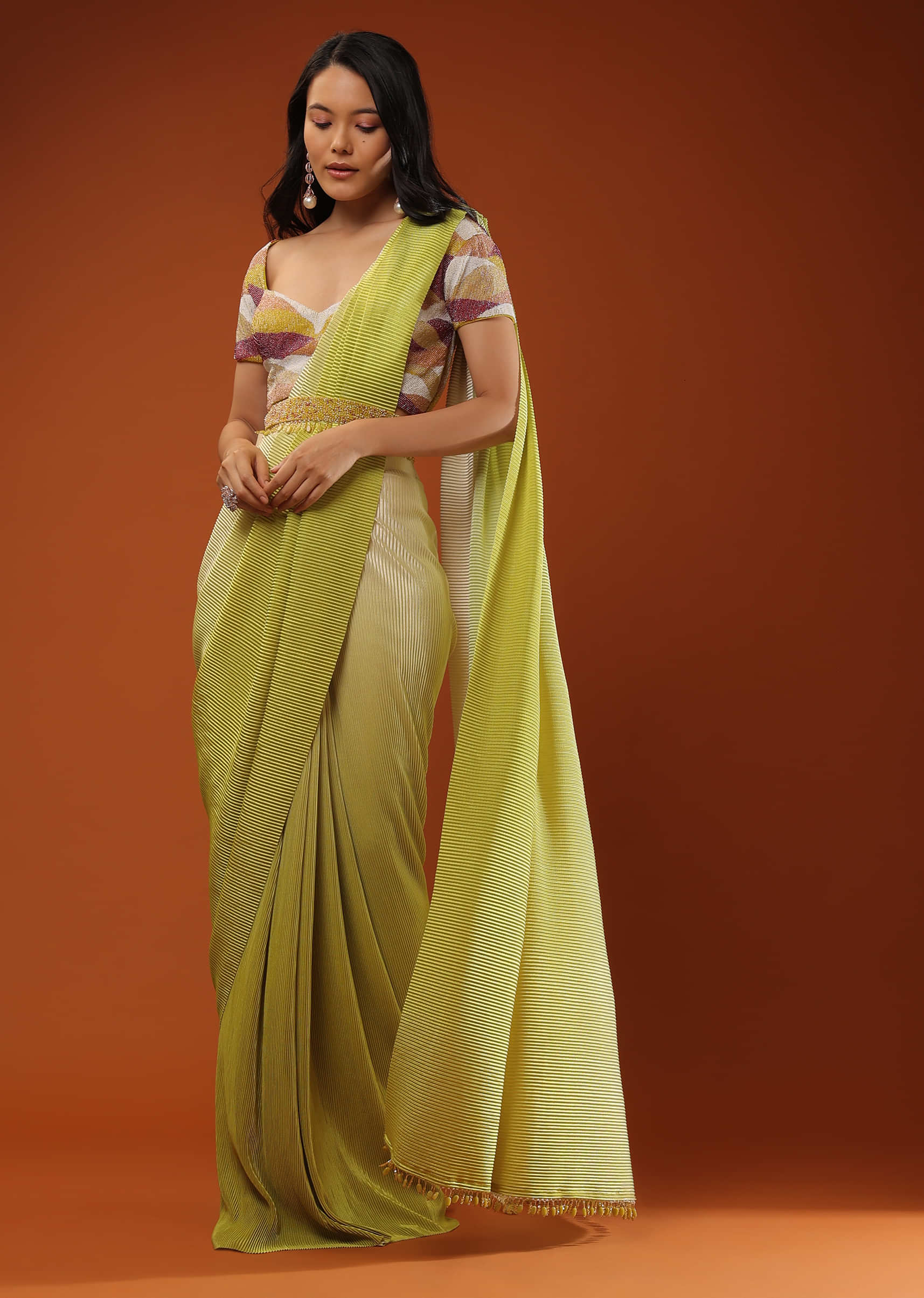 Lemon Green Ombre Saree With A Crop Top In Moti Embroidery, Crop Top Comes In Half Sleeves And Sweet Heart Neckline