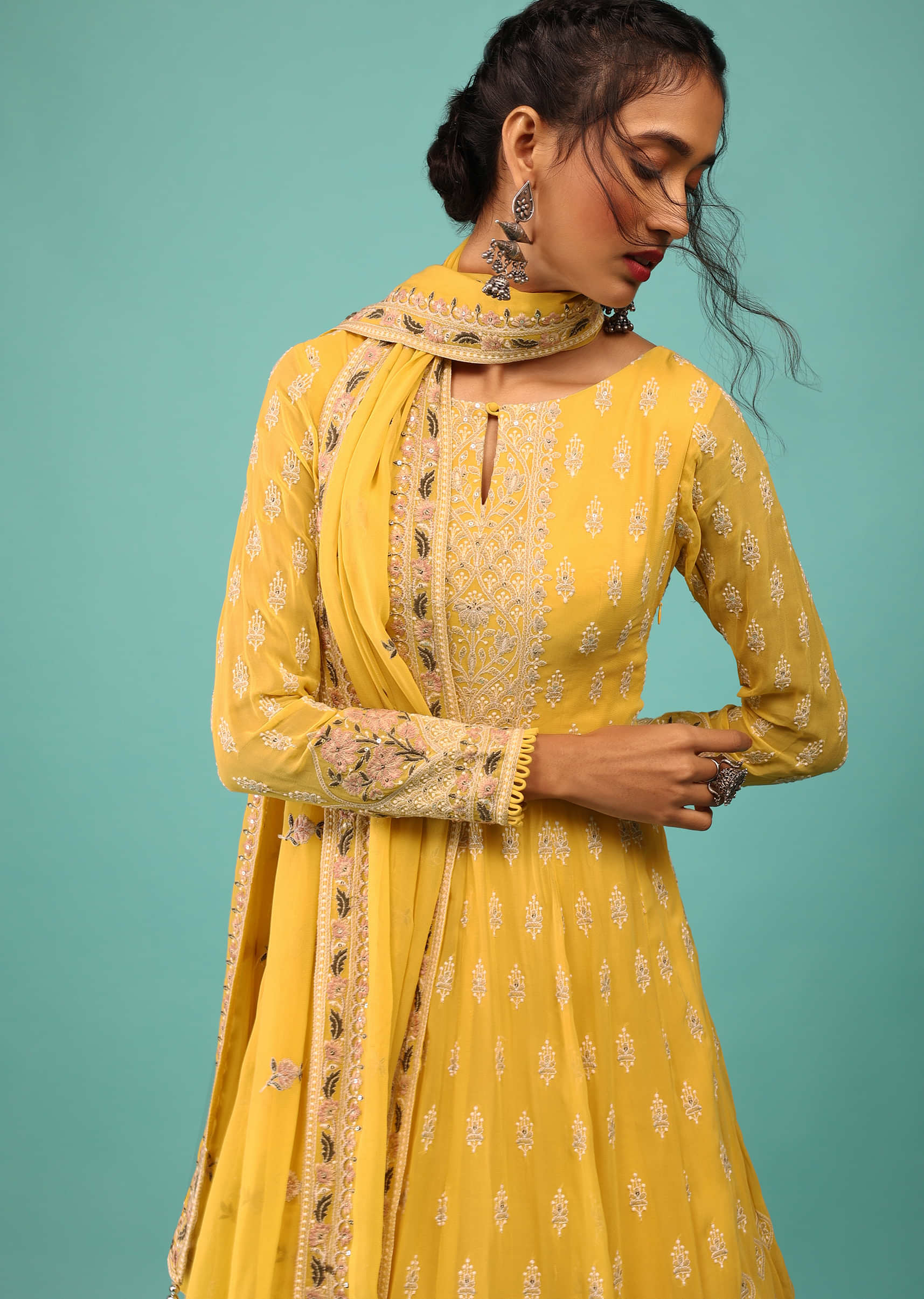 Lime Yellow Anarkali Suit In Georgette With Floral Embroidery