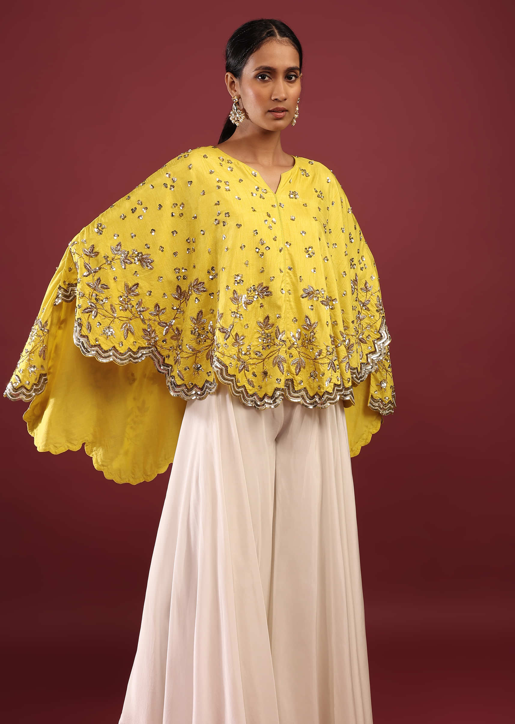 Lemon Yellow High Low Cape And White Palazzo Suit With Sequins And Zardosi Flowers 