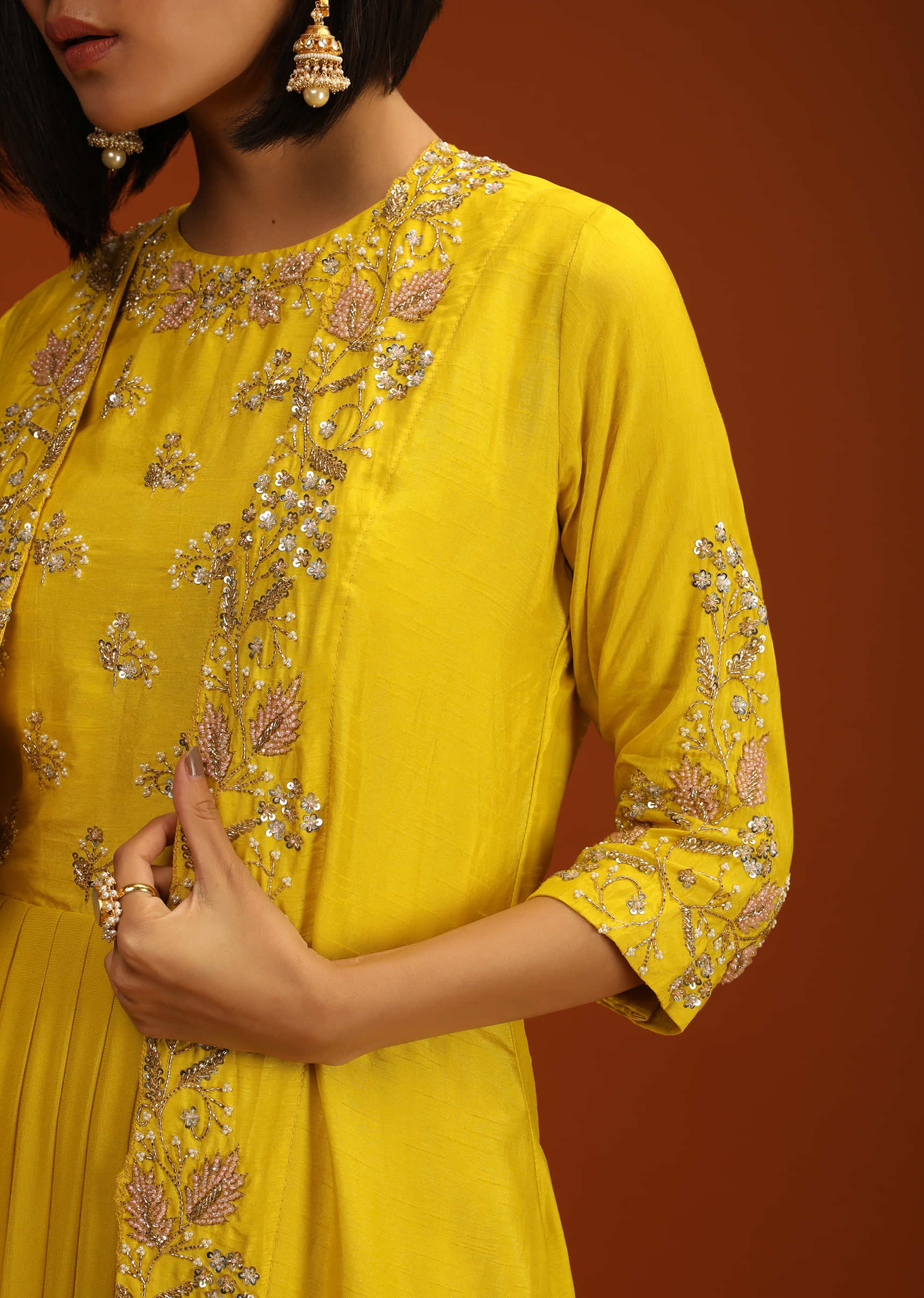 Lemon Yellow Indowestern Dress And Full Sleeves Jacket Set With Hand Embroidered Floral Motifs