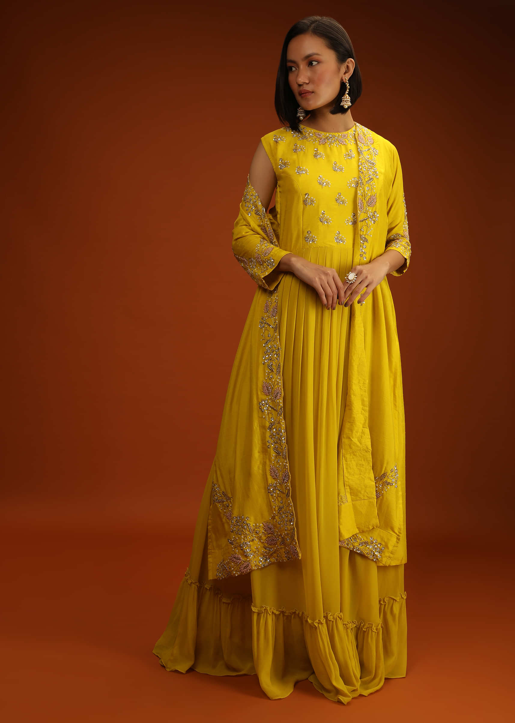 Lemon Yellow Indowestern Dress And Full Sleeves Jacket Set With Hand Embroidered Floral Motifs