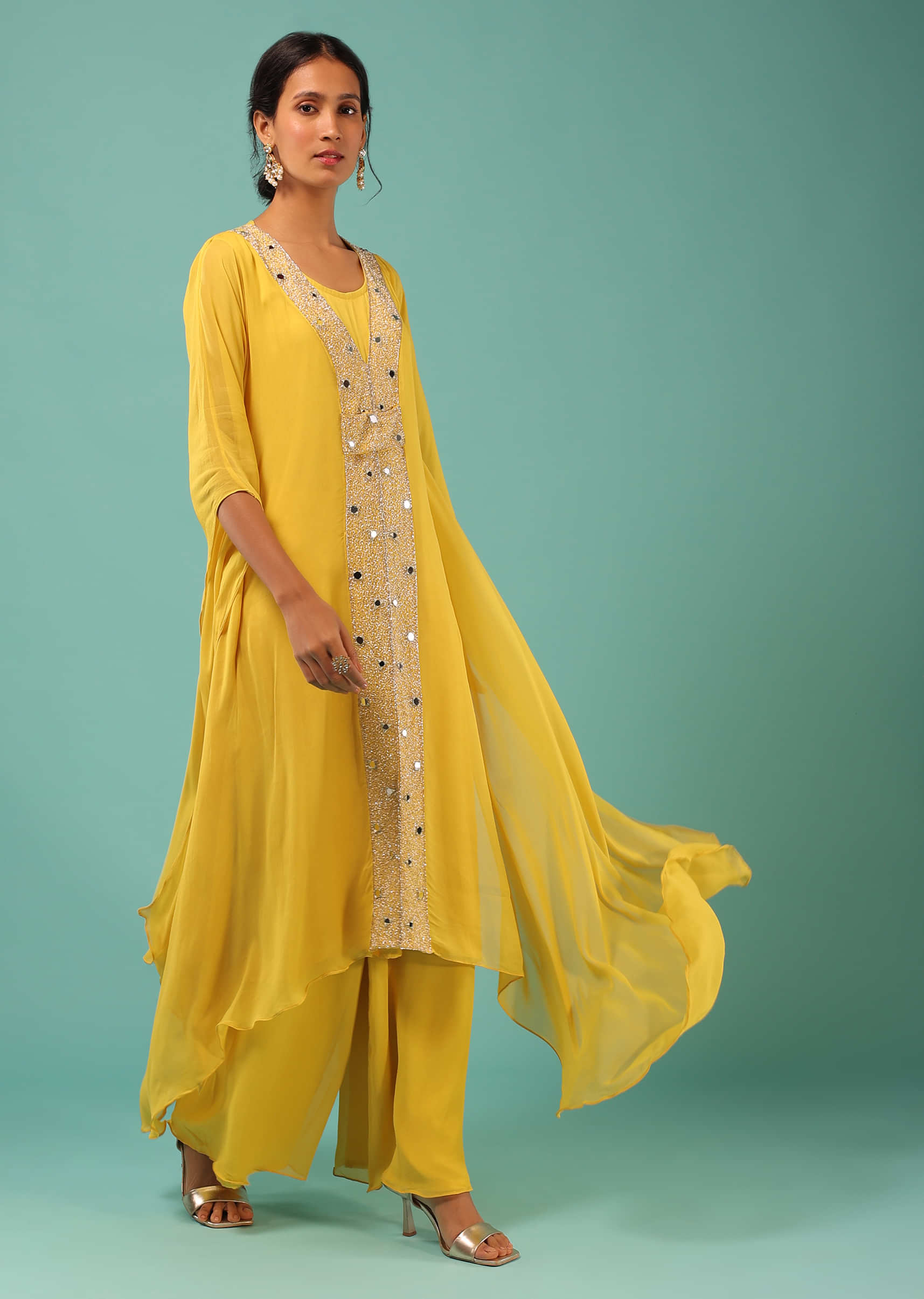 Lemon Yellow Kaftan And Palazzo Suit In Georgette With Mirror Abla And Moti Work