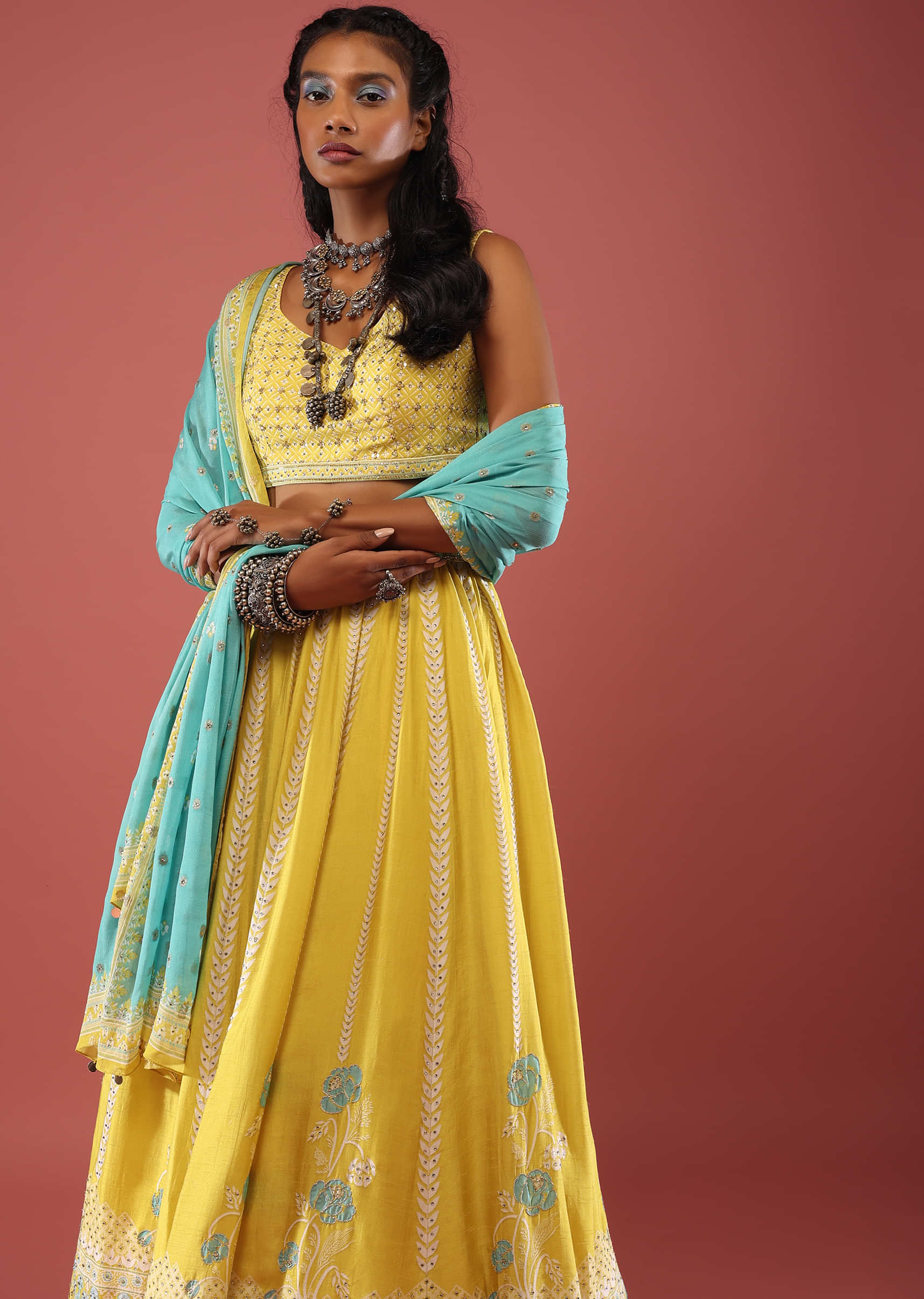 Buy Lime Yellow Lehenga With Floral Print And A Well-Embroidered Silk ...