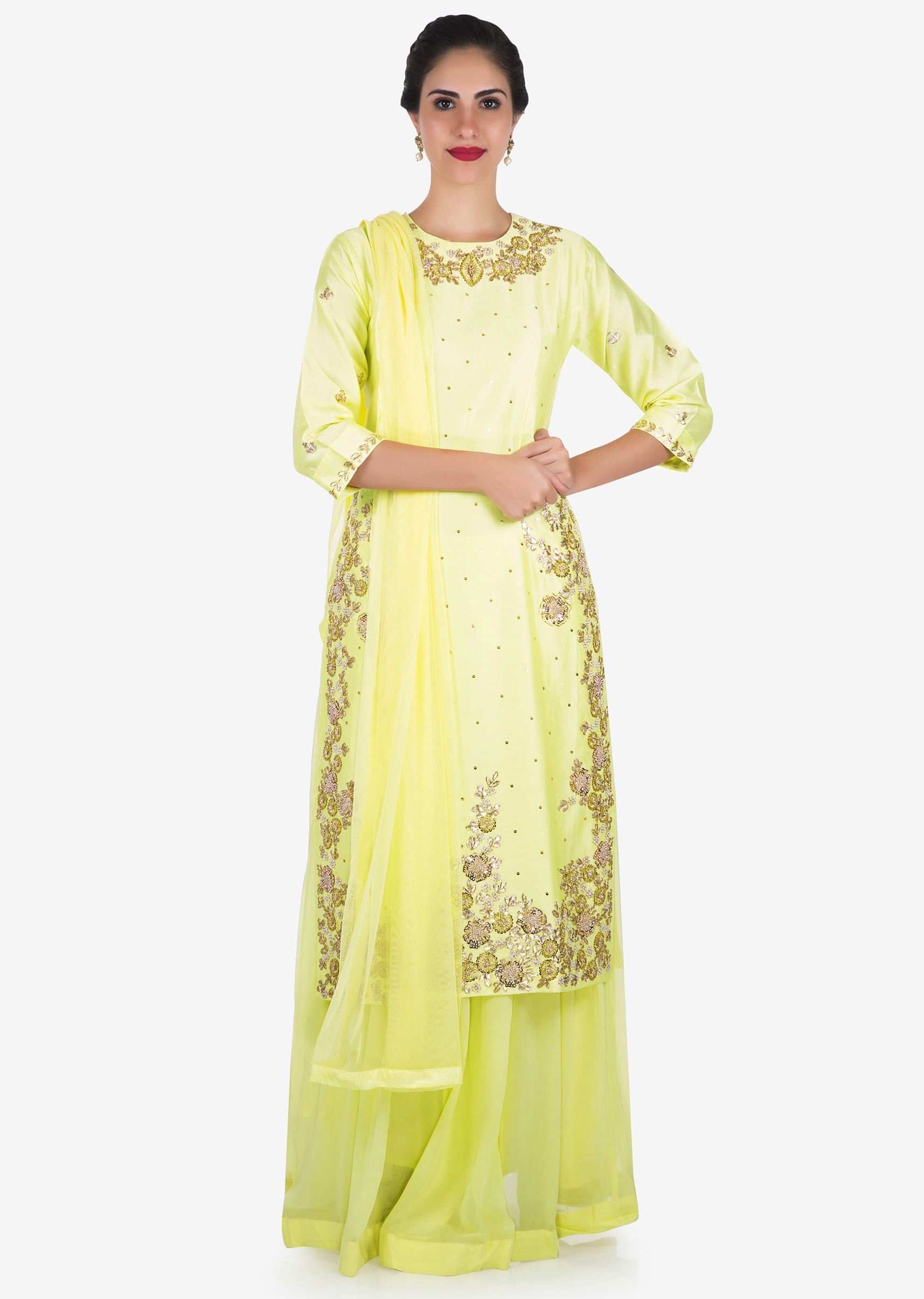 Lemon yellow palazzo suit embellished in gota patti and thread embroidery work
