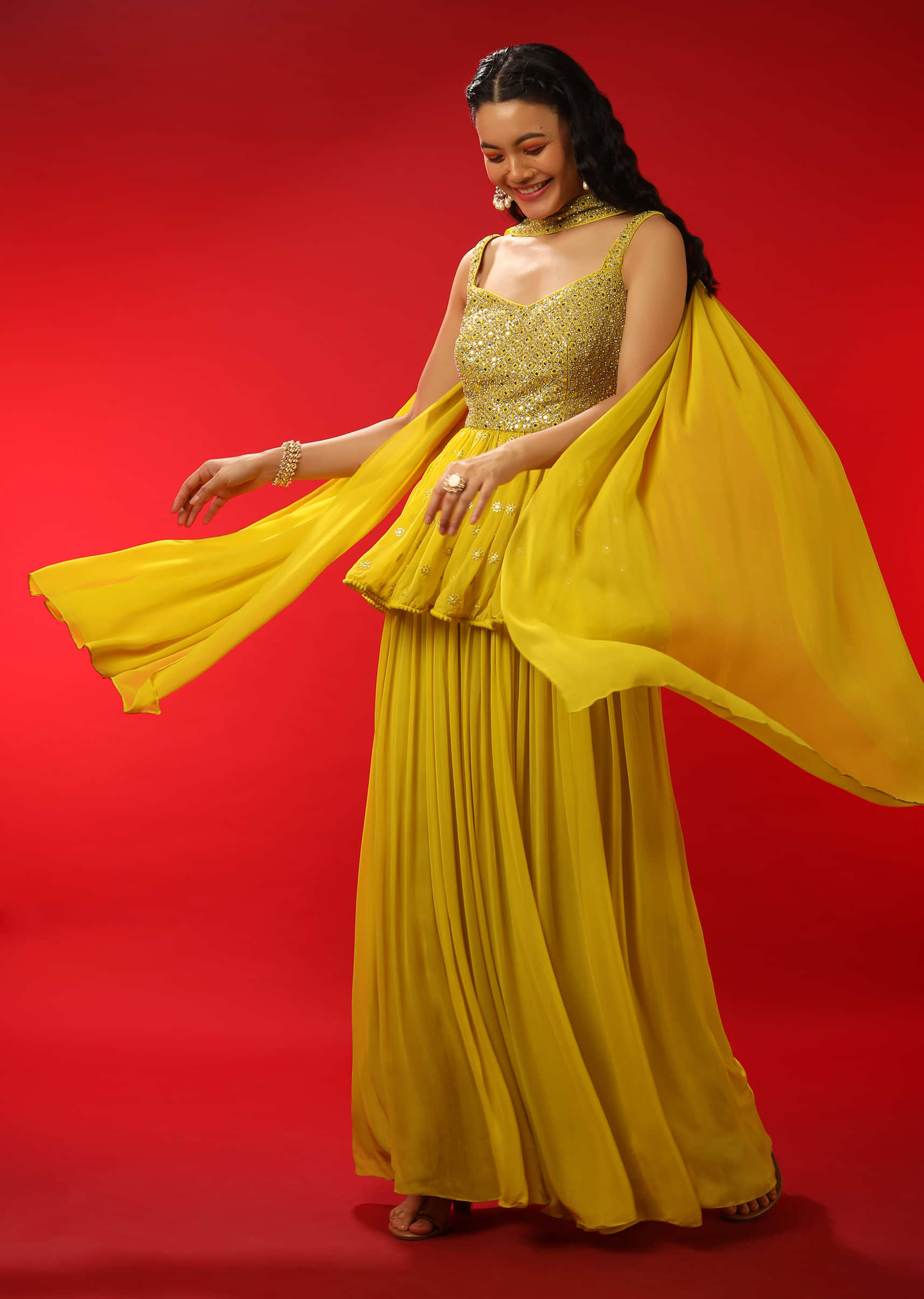 Lemon Yellow Palazzo And Peplum Suit In Georgette With Heavy Mirror Work On The Bodice  