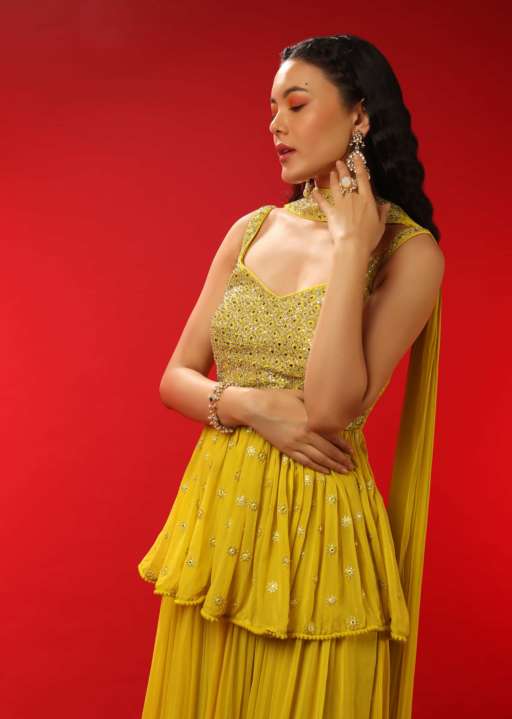 Lemon Yellow Palazzo And Peplum Suit In Georgette With Heavy Mirror Work On The Bodice  