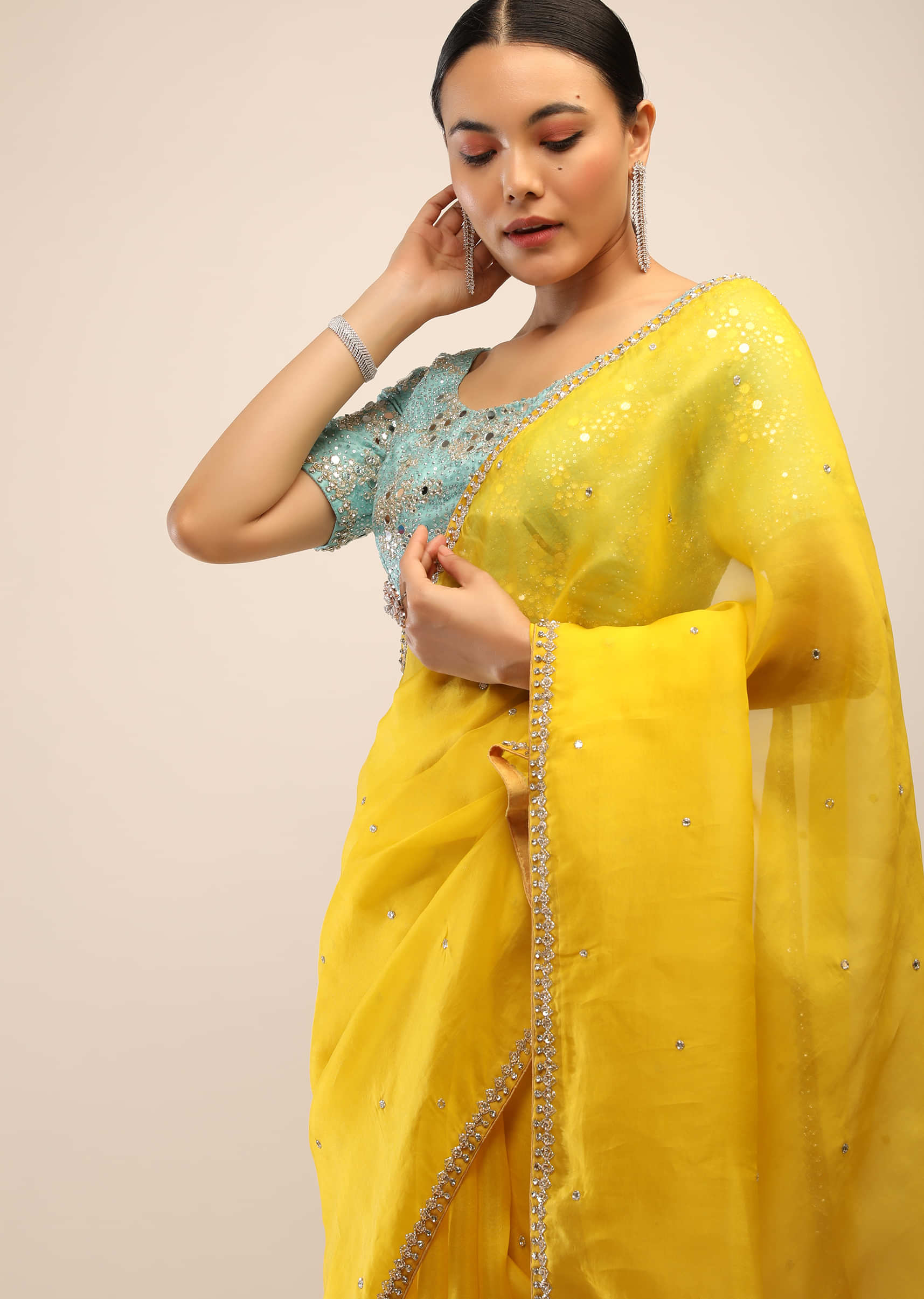 Lemon Yellow Saree In Organza With Cut Dana Border And Firozi Mirror Embroidered Unstitched Blouse