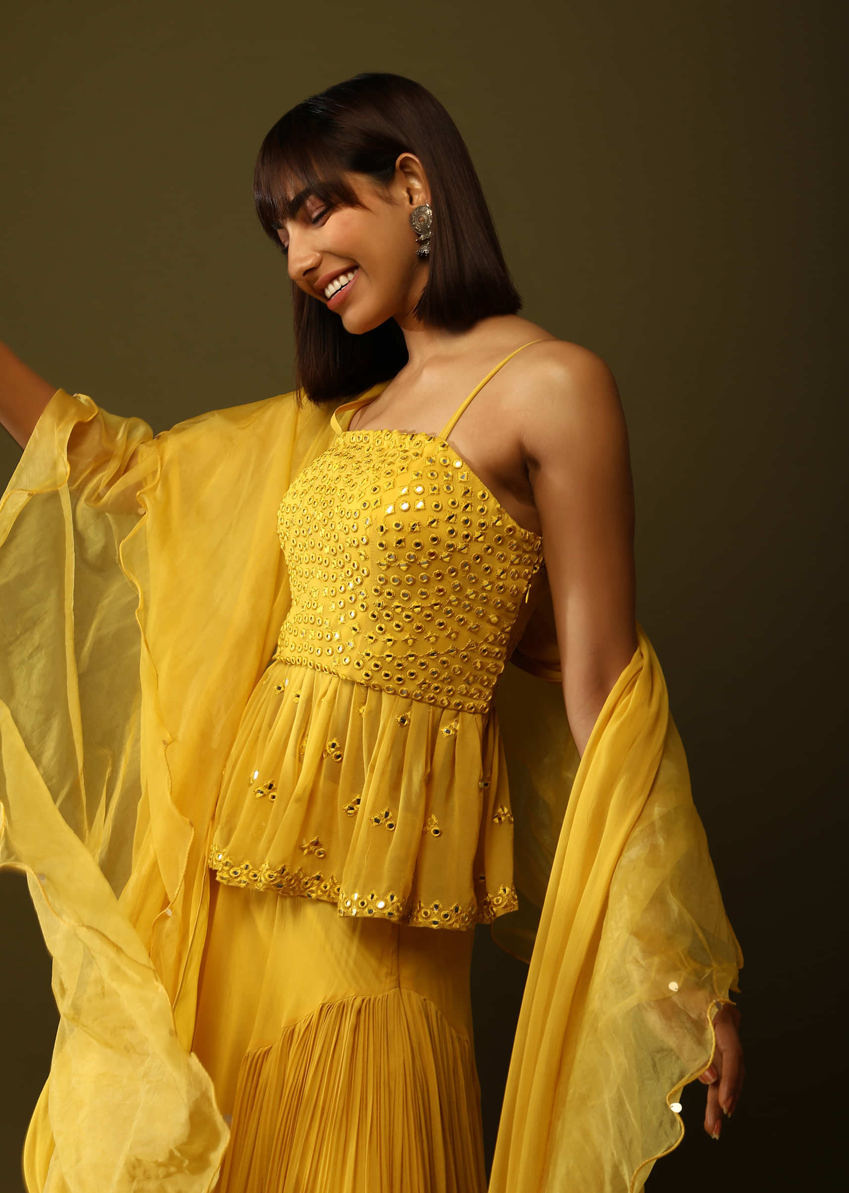 Lemon Yellow Sharara And Peplum Suit With Mirror Abla Embroidery And Ruffle Dupatta  