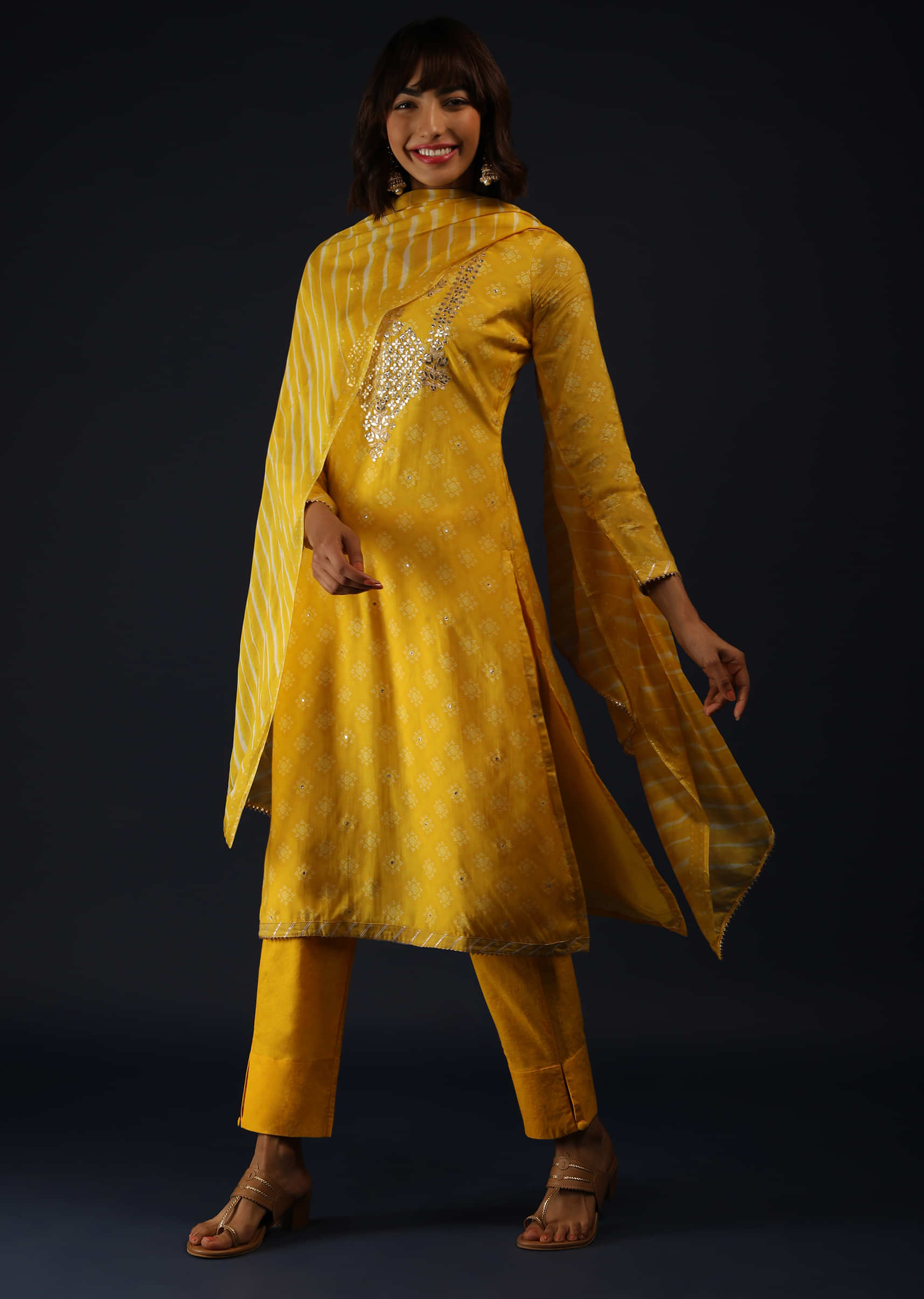 Lemon Yellow Palazzo Suit In Cotton With Bandhani Print And Mirror Embroidery  