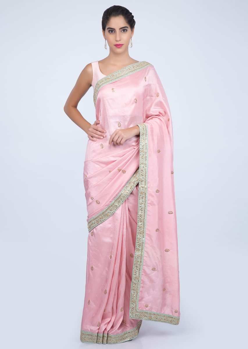 Lemonade pink dupion silk saree with contrasting embroidered border only on kalki