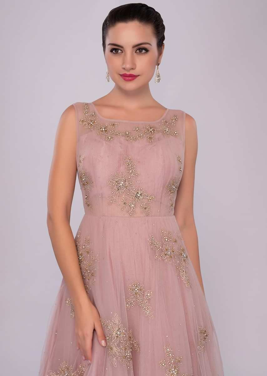 lemonade pink net gown with floral embroidered butti 