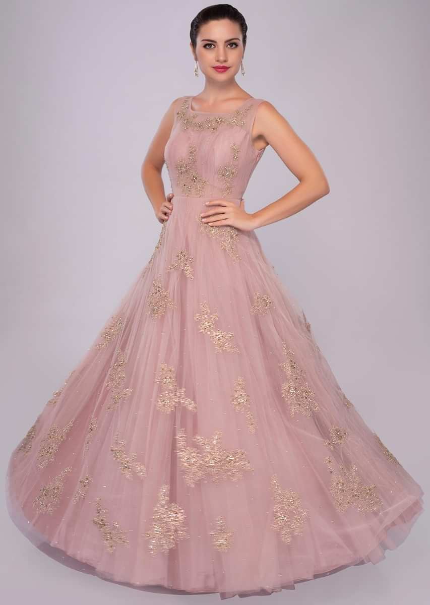 lemonade pink net gown with floral embroidered butti 